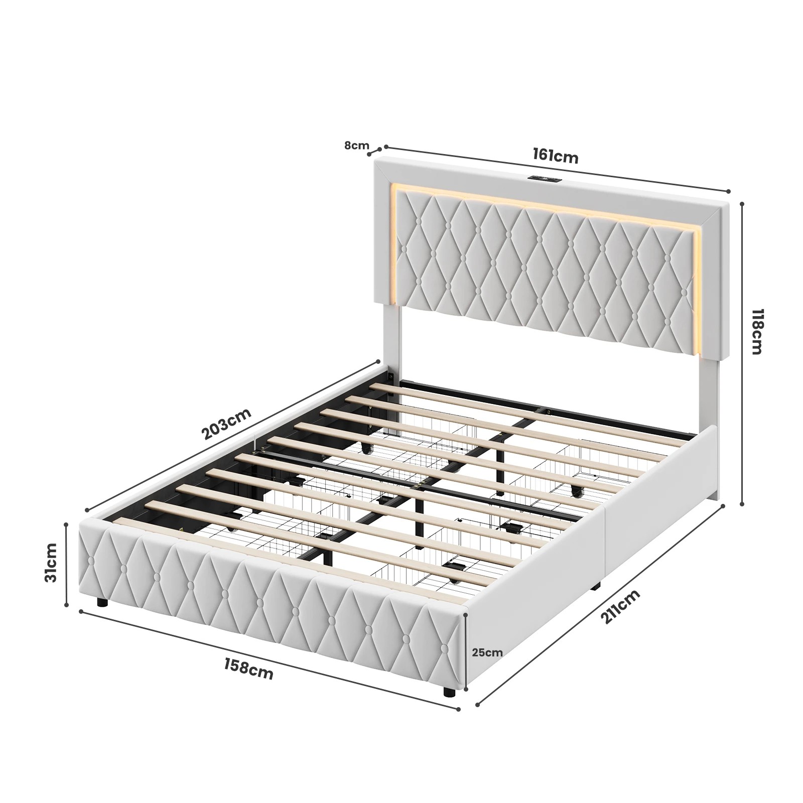3 Advwin Queen Velvet LED Bed Frame with Drawers and Charging - Beige, 3 of 8