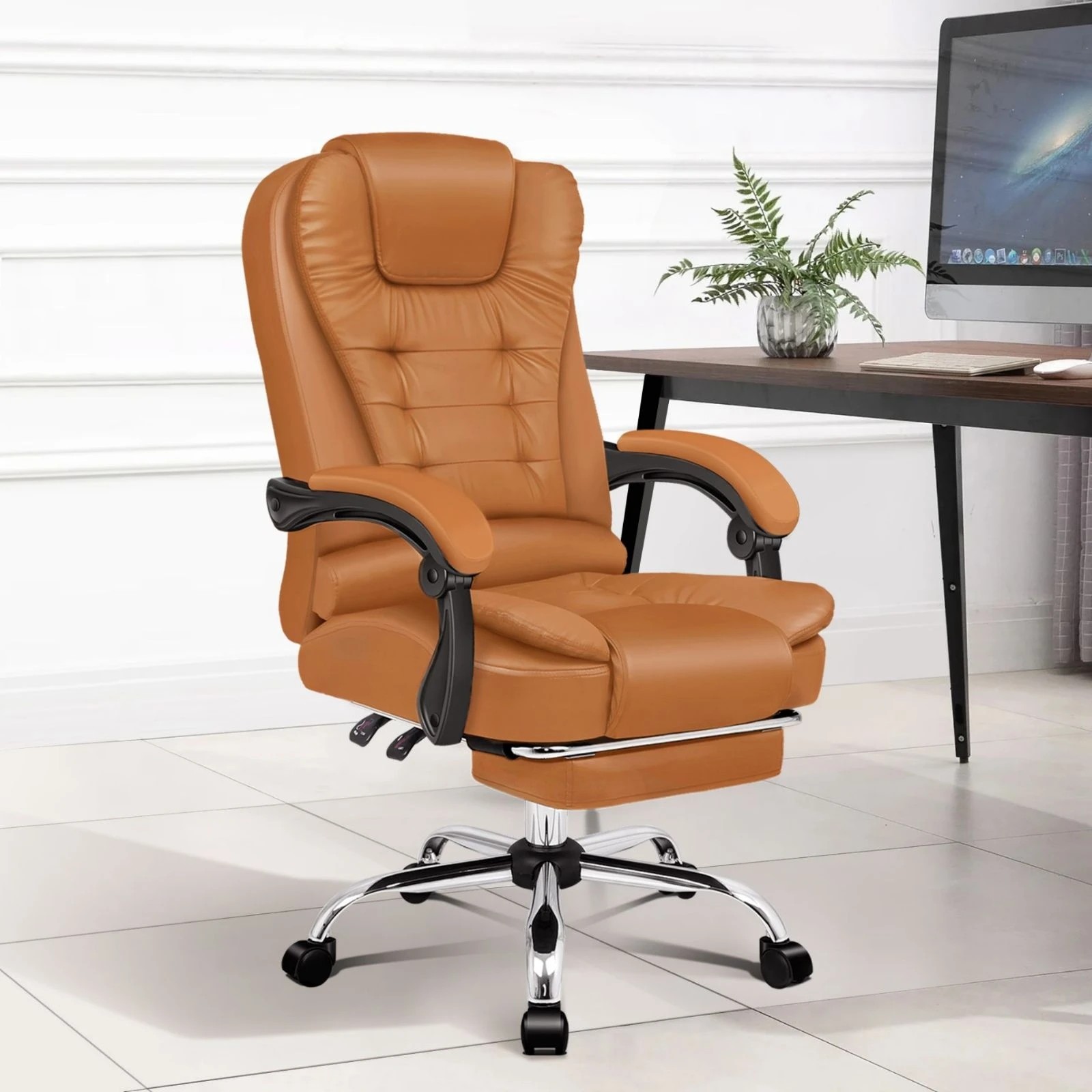 2 Alfordson Office Chair Gaming Executive Computer Racer Footrest PU Leather Seat - Brown, 2 of 10
