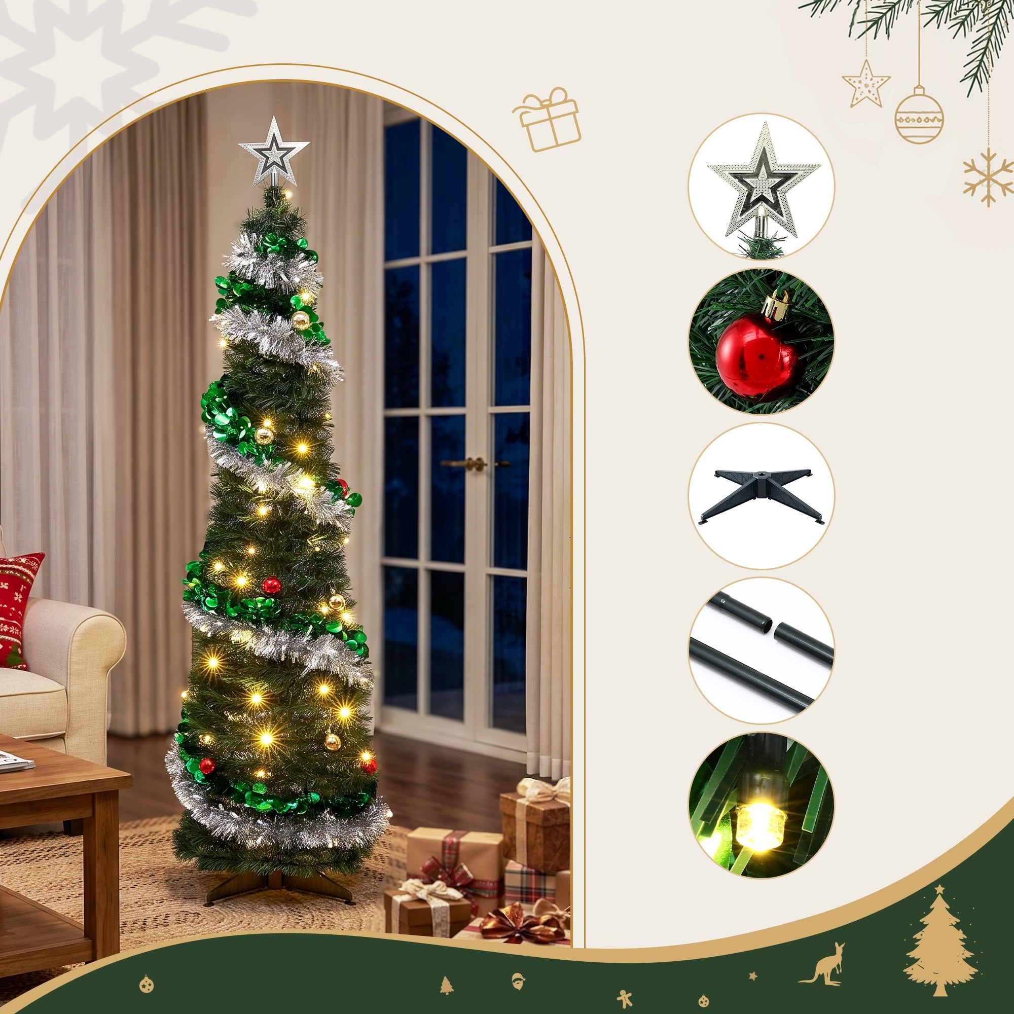 3 Jingle Jollys Pop Up Christmas Tree Pre Decorated Warm LED 155cm - Multi, 3 of 10