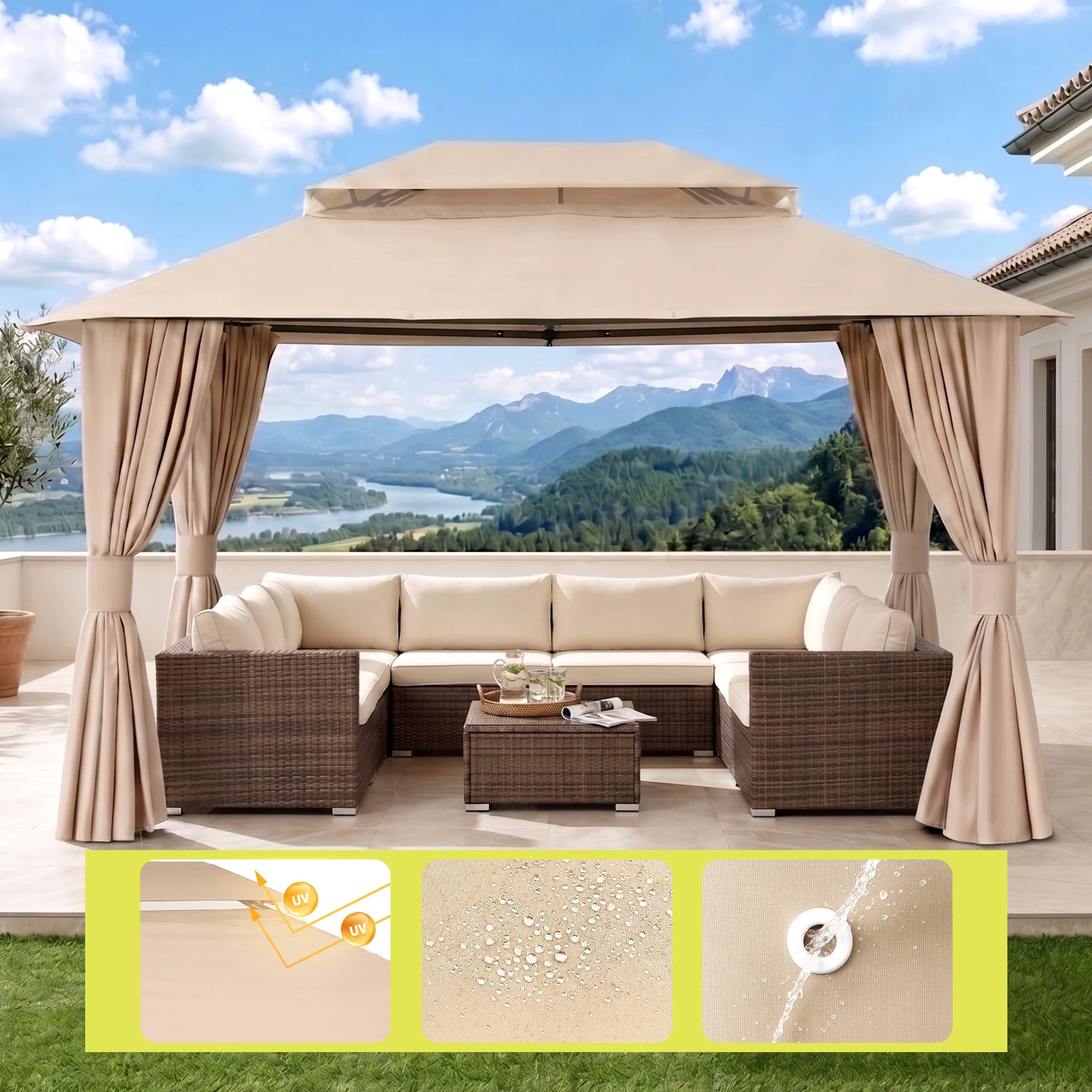 4 Instahut Gazebo 3x4m Canopy Outdoor Steel Frame Patio Tent Curtains Marquee - Beige, 4 of 7