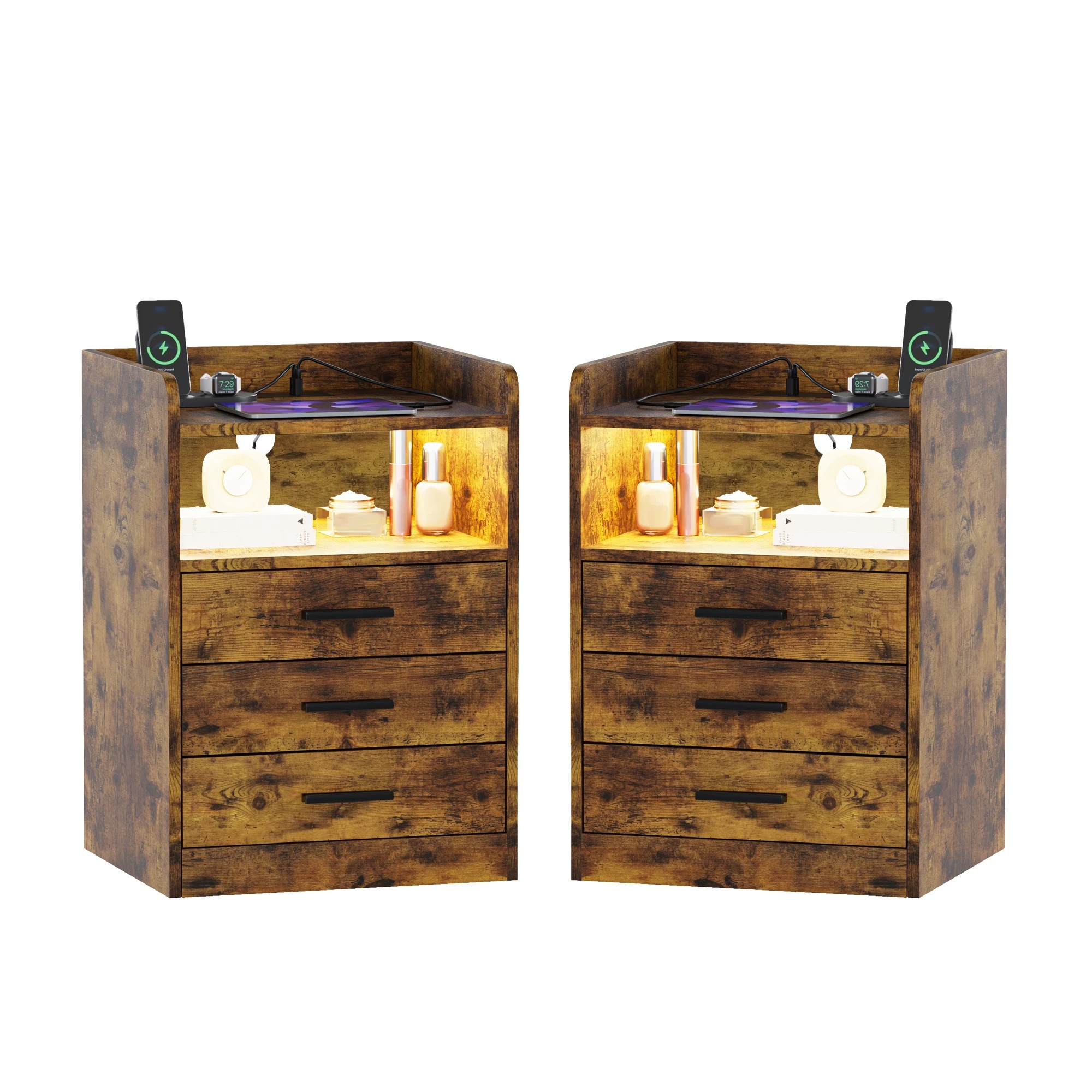 1 Advwin Bedside Table Set Of 2 Rgb Led Light Charging Station 3 Drawers - Brown, 1 of 9