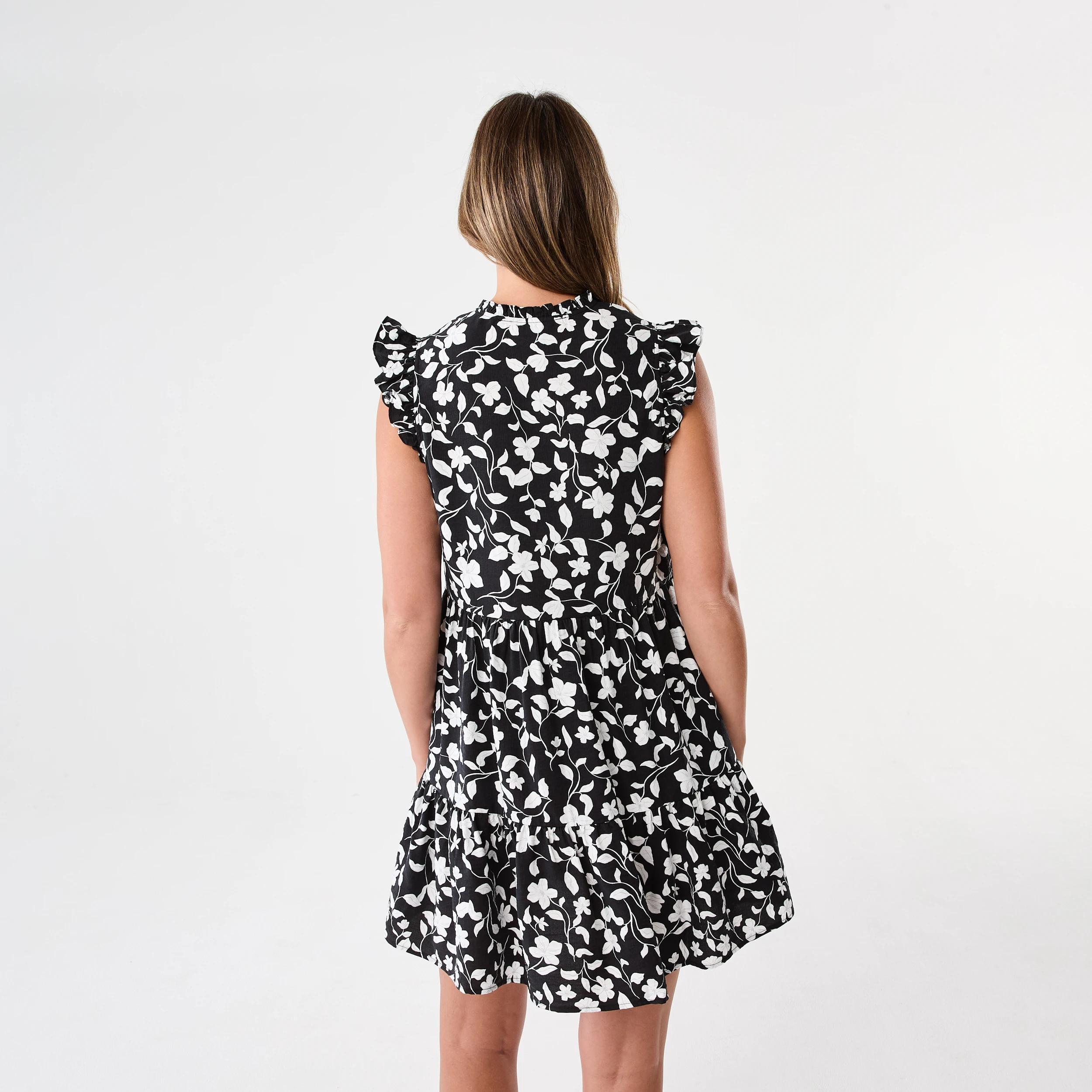 3 Sleeveless Frill Tiered Mini Dress Blk Flrl, 3 of 8