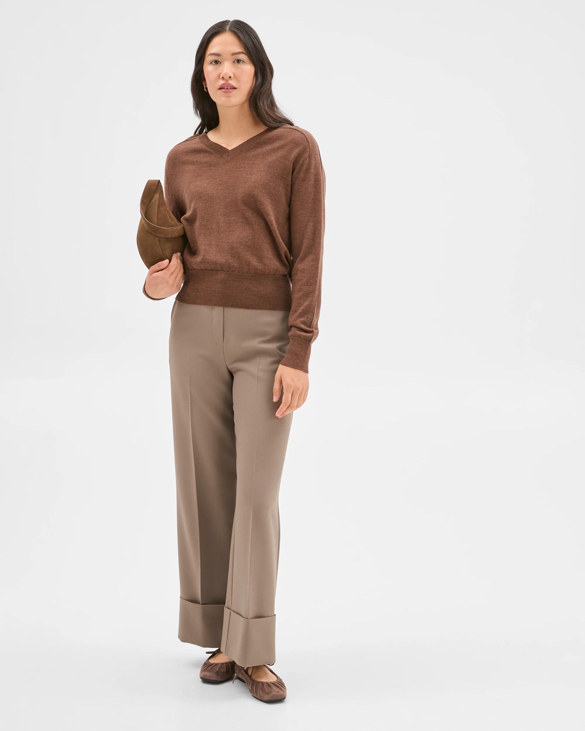 2 Preview Australian Merino Wool Long Sleeve V-Neck Knit Top CARAMEL BROWN MARLE, 2 of 7