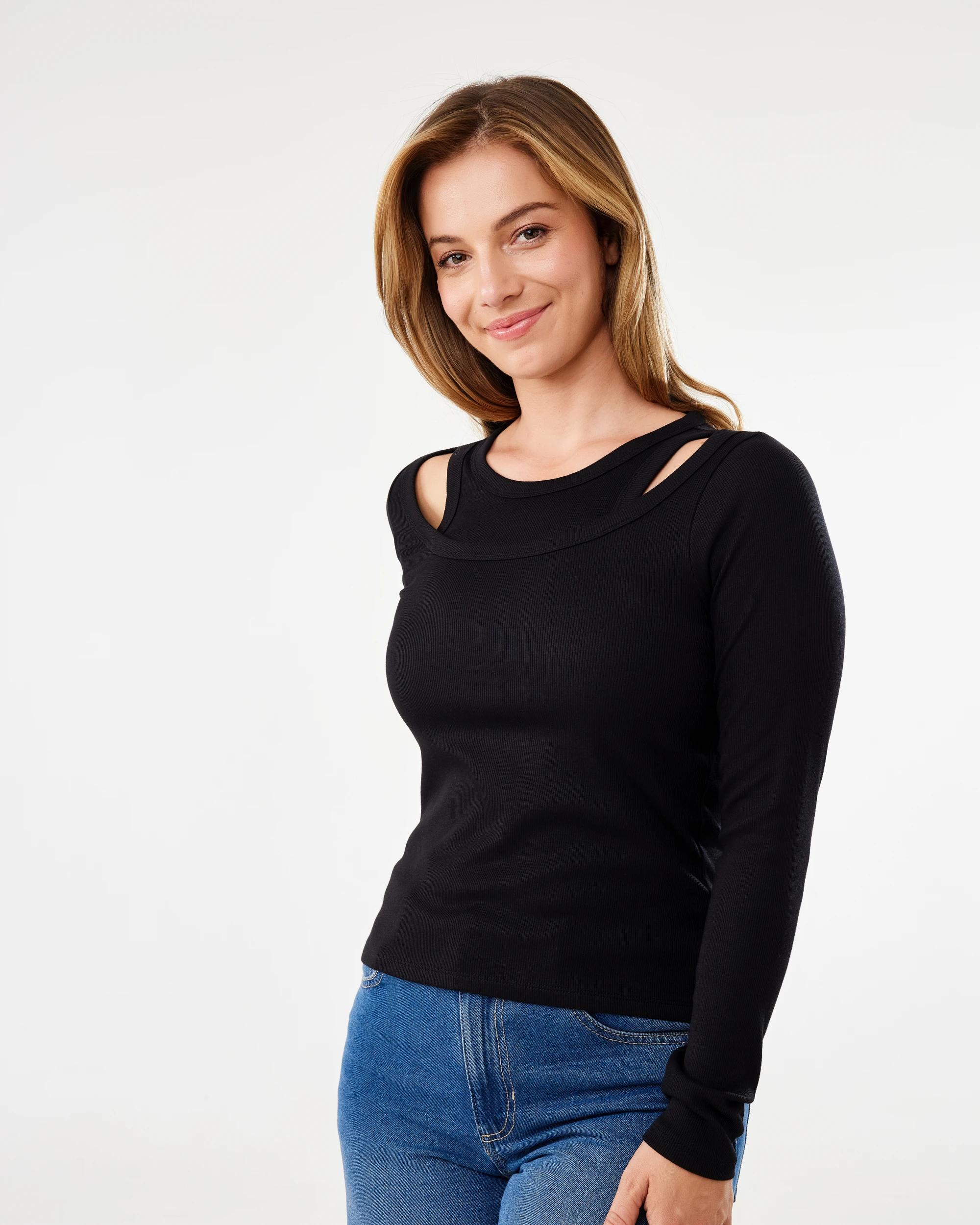 2 Long Sleeve Rib Double Layer Top Black, 2 of 6