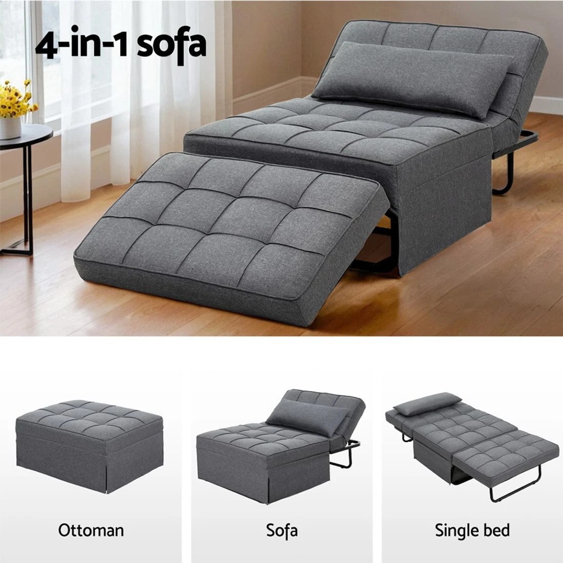 5 Artiss Sofa Bed Ottoman 1 Seater Linen - Grey, 5 of 7