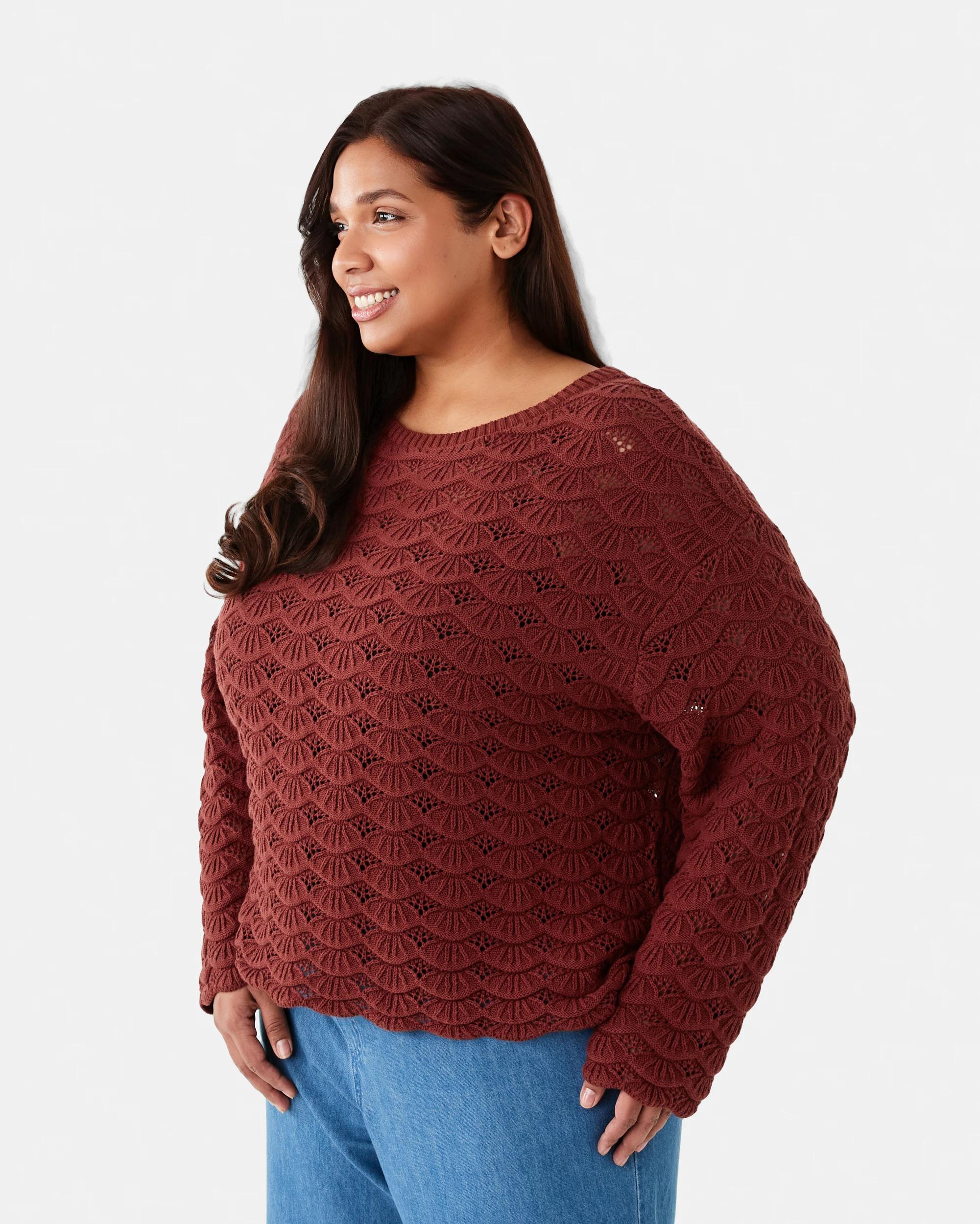 2 Curve Long Sleeve Crochet Knit Top Burnt Rust, 2 of 6