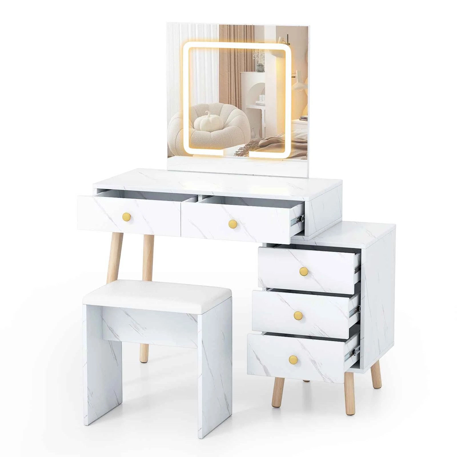 1 Costway 3 Light Mode Dressing Table Set Makeup Vanity Desk & Soft Padded Stool w/5 Drawers, 1 of 3