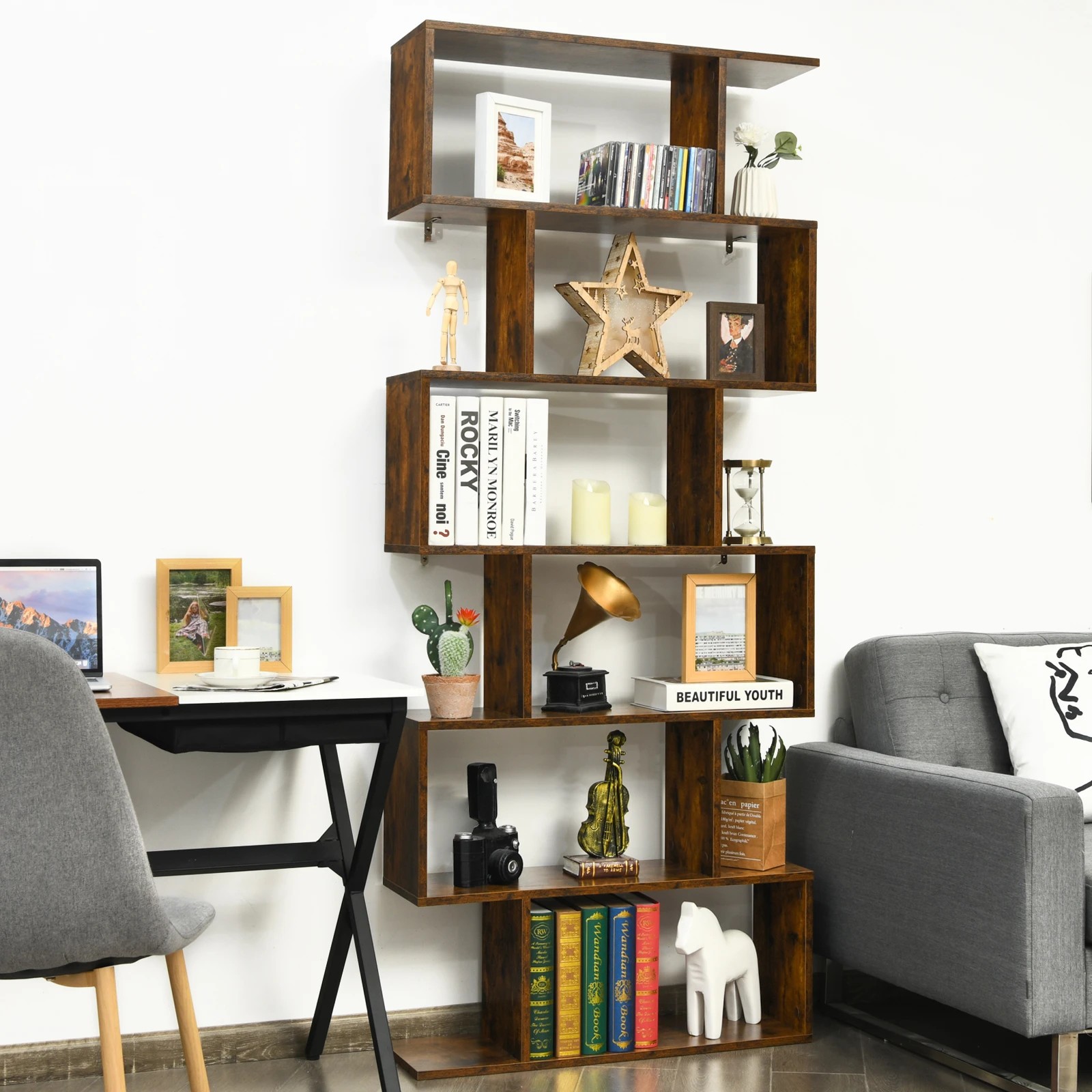 3 Costway S-Shape Bookshelf 6-Tier Wood Bookcase Display Shelf Storage Rack - Brown, 3 of 5
