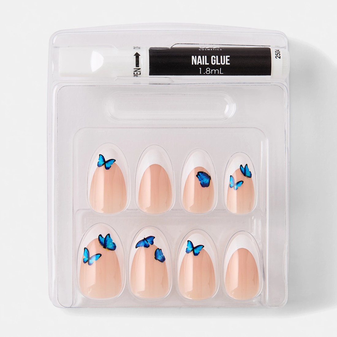 3 OXX Cosmetics 24 Pack Artificial Nails with Adhesive - Almond Shape, French Tip and Blue Butterflies, 3 of 5