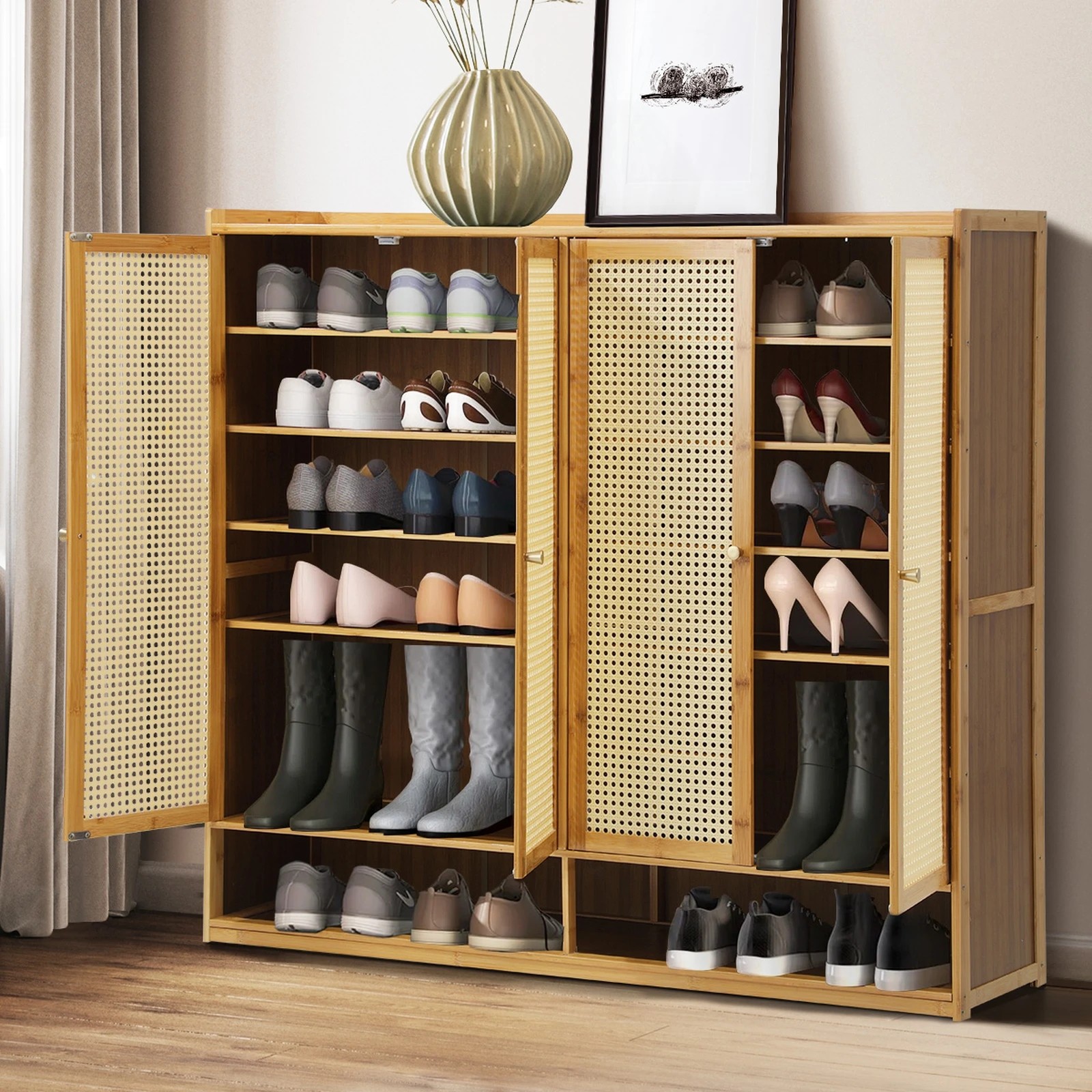 3 Oikiture Shoe Storage Cabinet Shoes Rack Organiser Shelf 4 Doors Rattan
 - Natural, 3 of 10