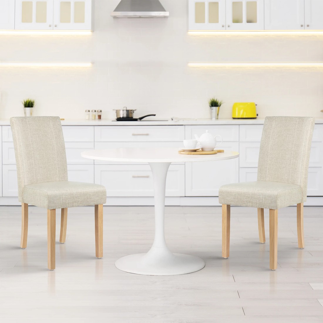 5 Alfordson 2x Dining Chairs Cafe Kitchen Chair Retro High-Back Wood Fabric - Beige, 5 of 10