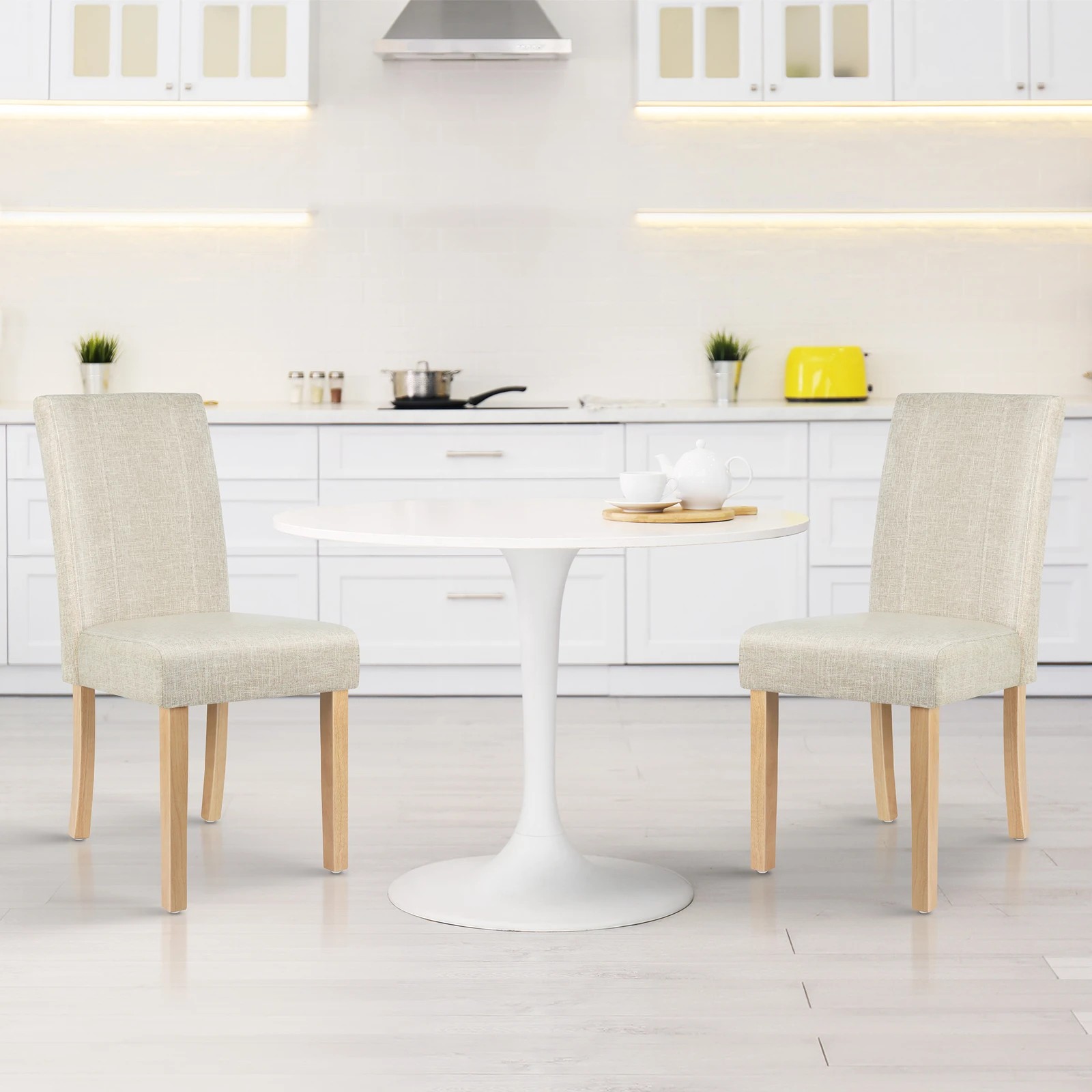 5 Alfordson 2x Dining Chairs Cafe Kitchen Chair Retro High-Back Wood Fabric - Beige, 5 of 10