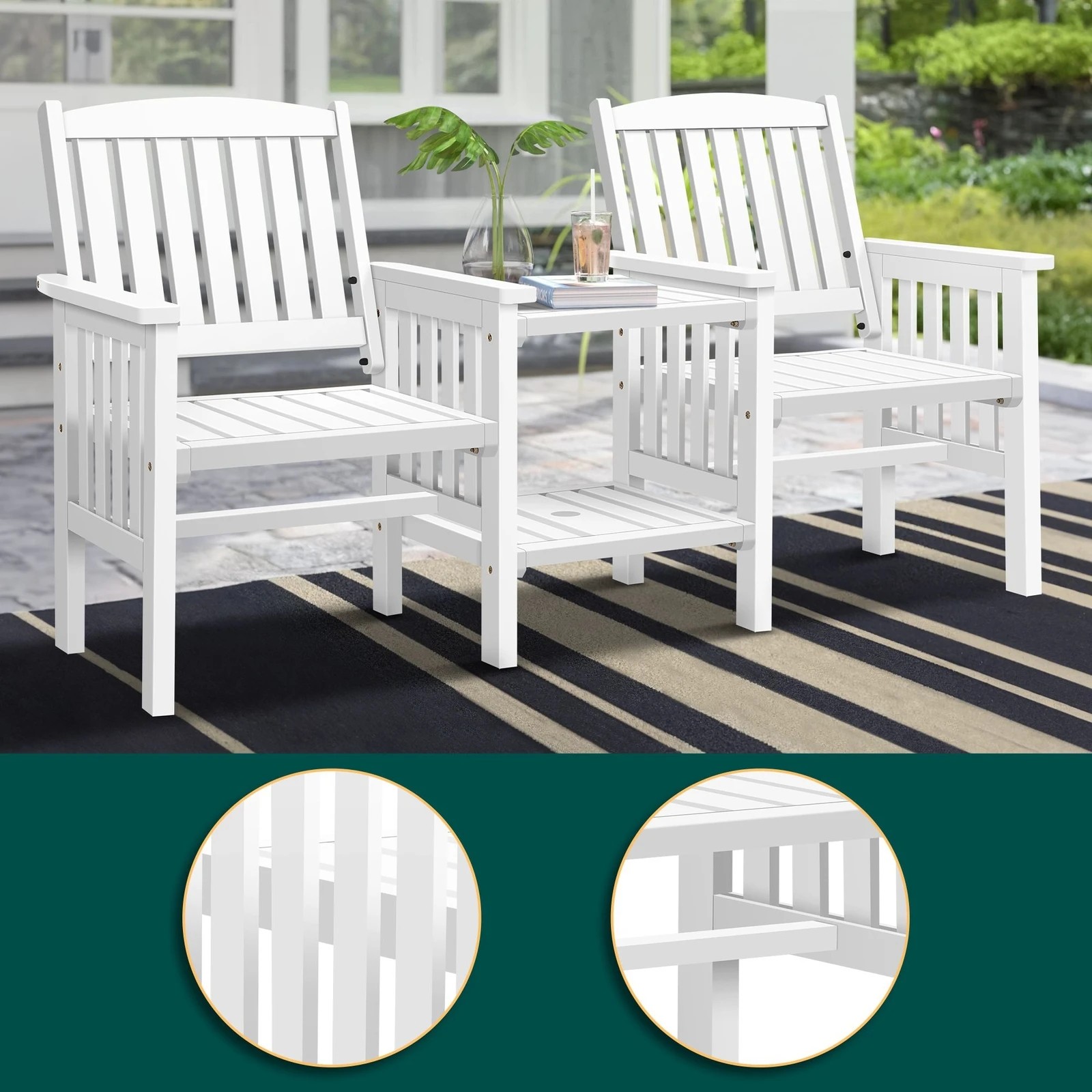 5 Alfordson Outdoor Garden Bench Wooden Loveseat Patio Chairs Table Set - White, 5 of 10