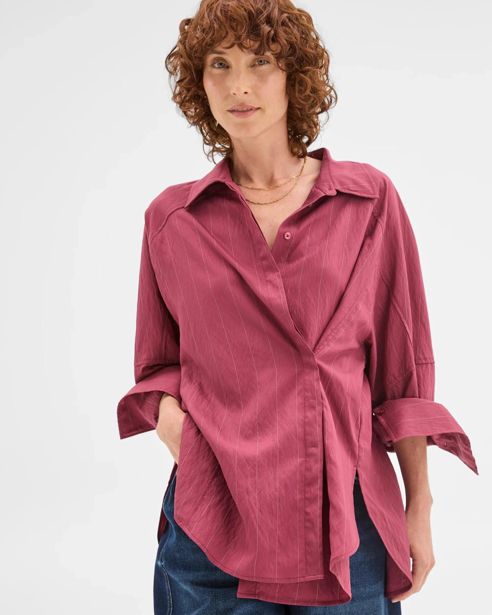 1 Target Woman Relaxed 2-Way Shirt MULBERRY STRIPE, 1 of 6