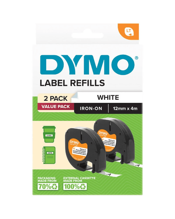 DYMO LetraTag Iron-On Label Tape 12mm Black on White 2 Pack