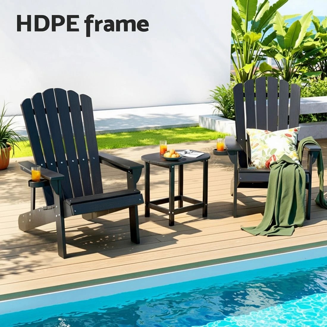 3 Gardeon Outdoor Table and Chairs HDPE Adirondack Beach Chair Sun Lounge Patio Furniture Garden - Black, 3 of 6
