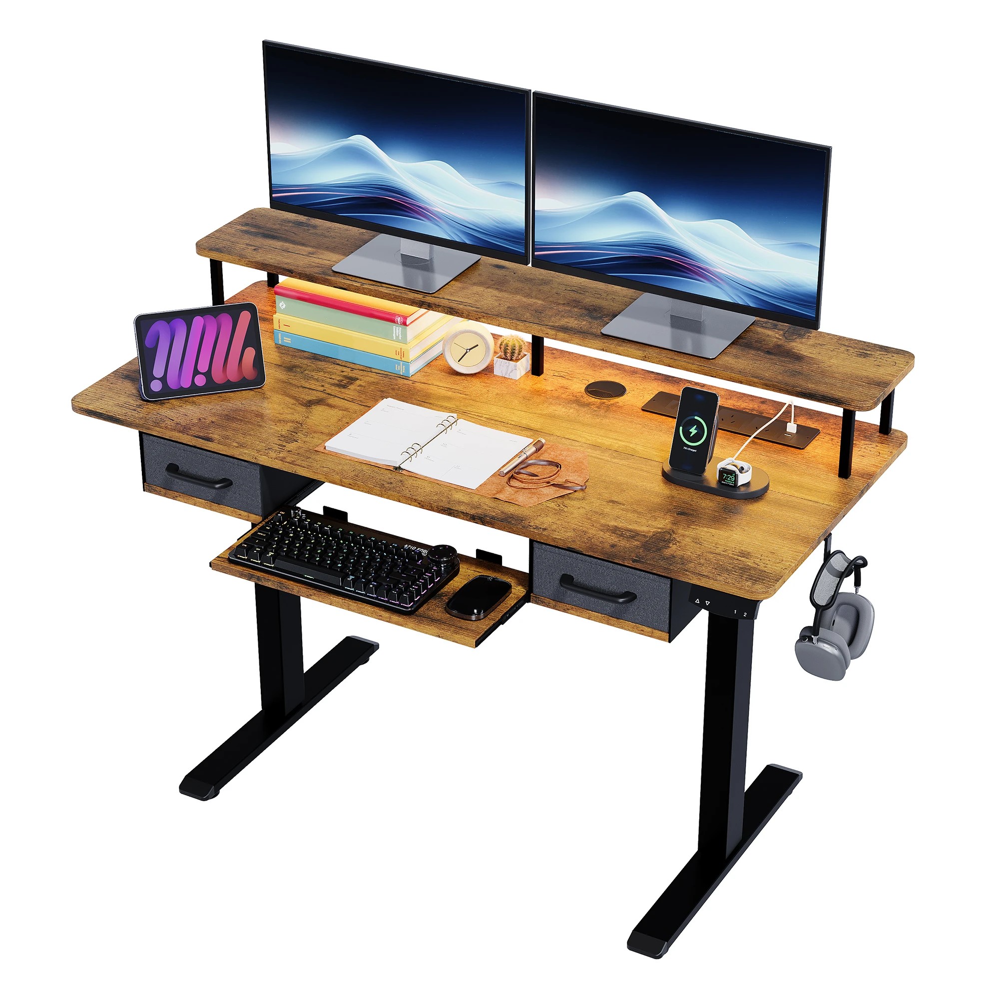 1 Advwin Electric Standing Desk with Monitor Stand and keyboard tray 120cm - Brown, 1 of 8
