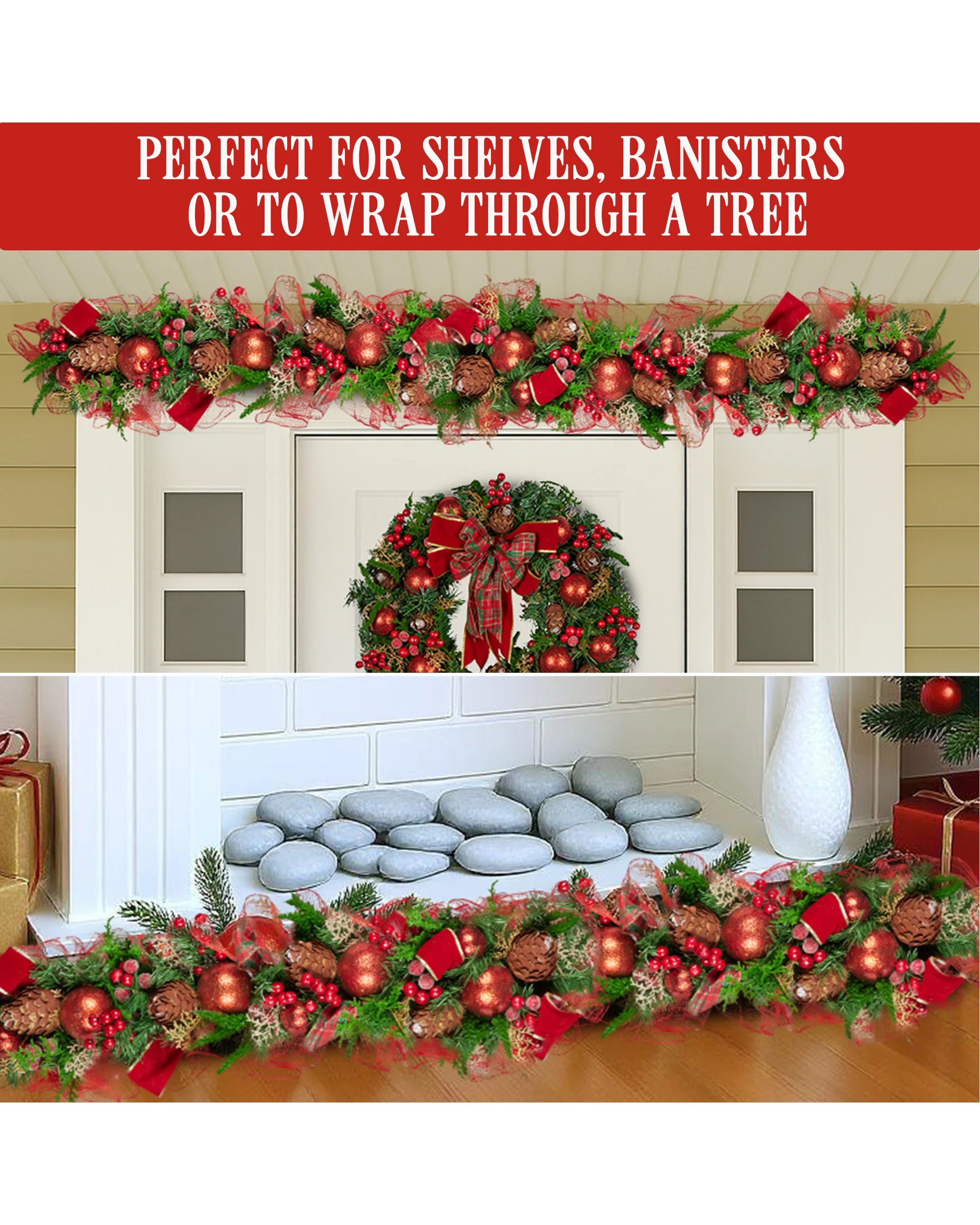 8 Christabelle 1m Christmas Garland With Red Berries Pine Cones Baubles Berries Tree Decoration Ornament, 8 of 8