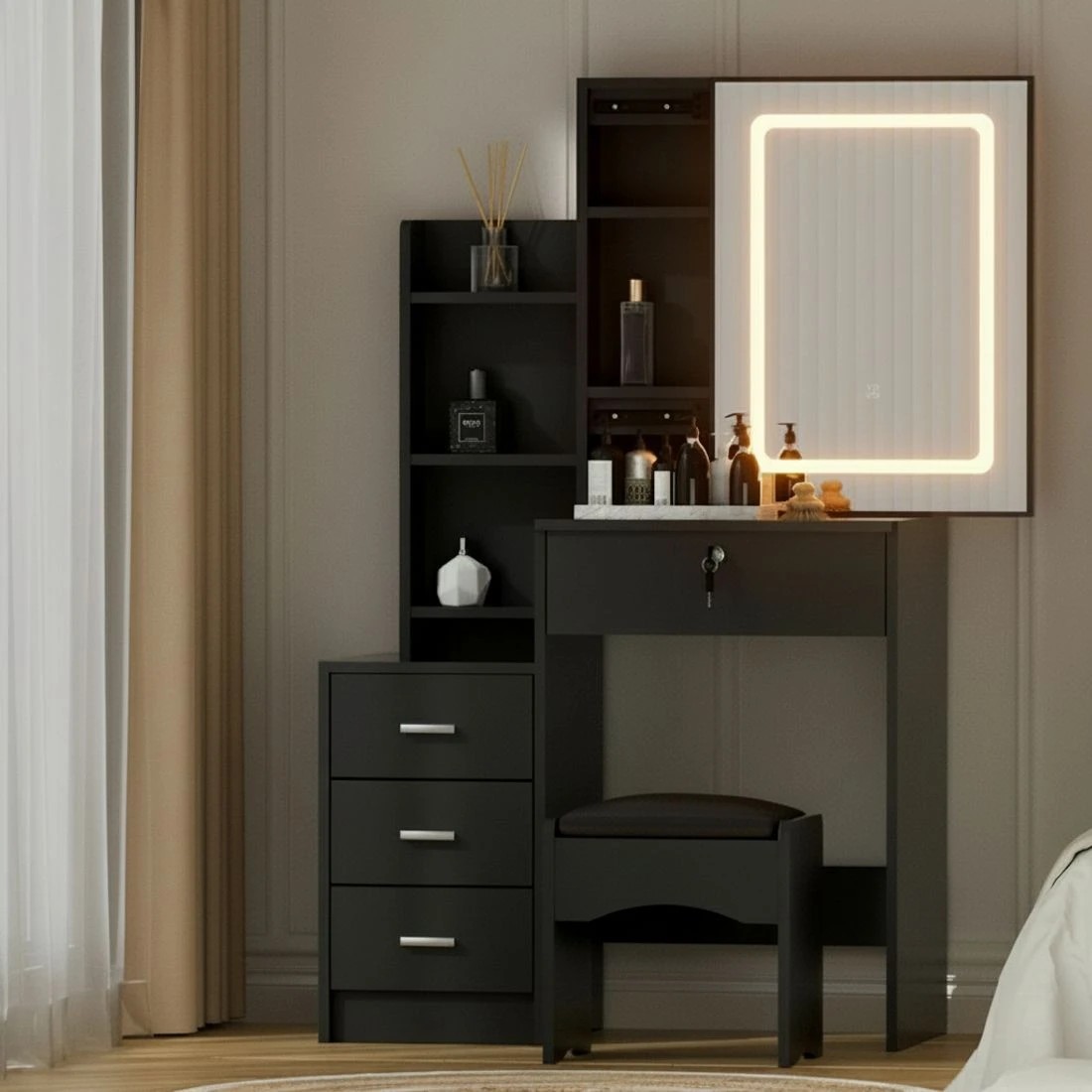 8 Artiss Dressing Table Vanity Desk Set Stool Led - Black, 8 of 8