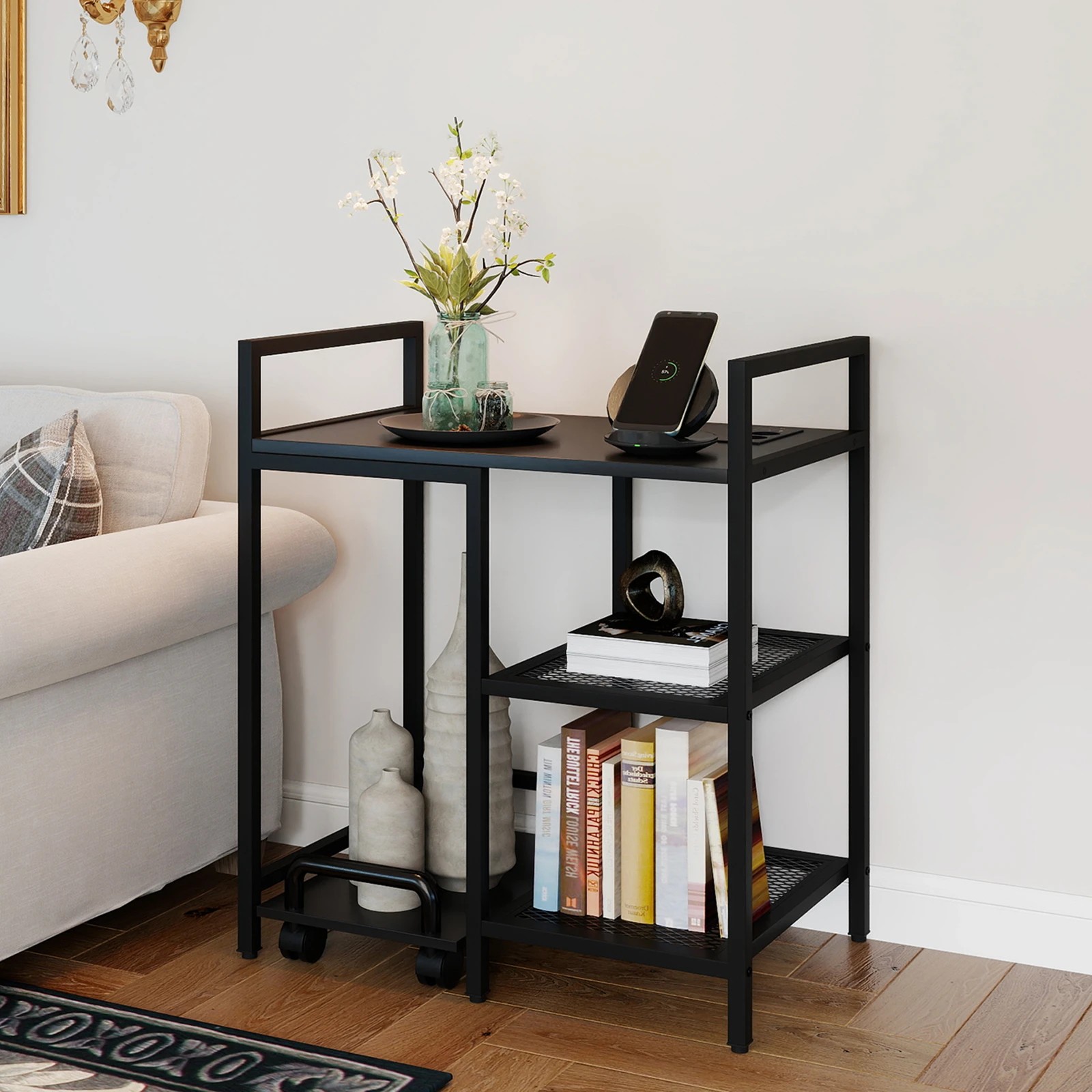 5 Costway Printer Stand w/Charging Station 3-Tier Storage Side Table - Black, 5 of 6