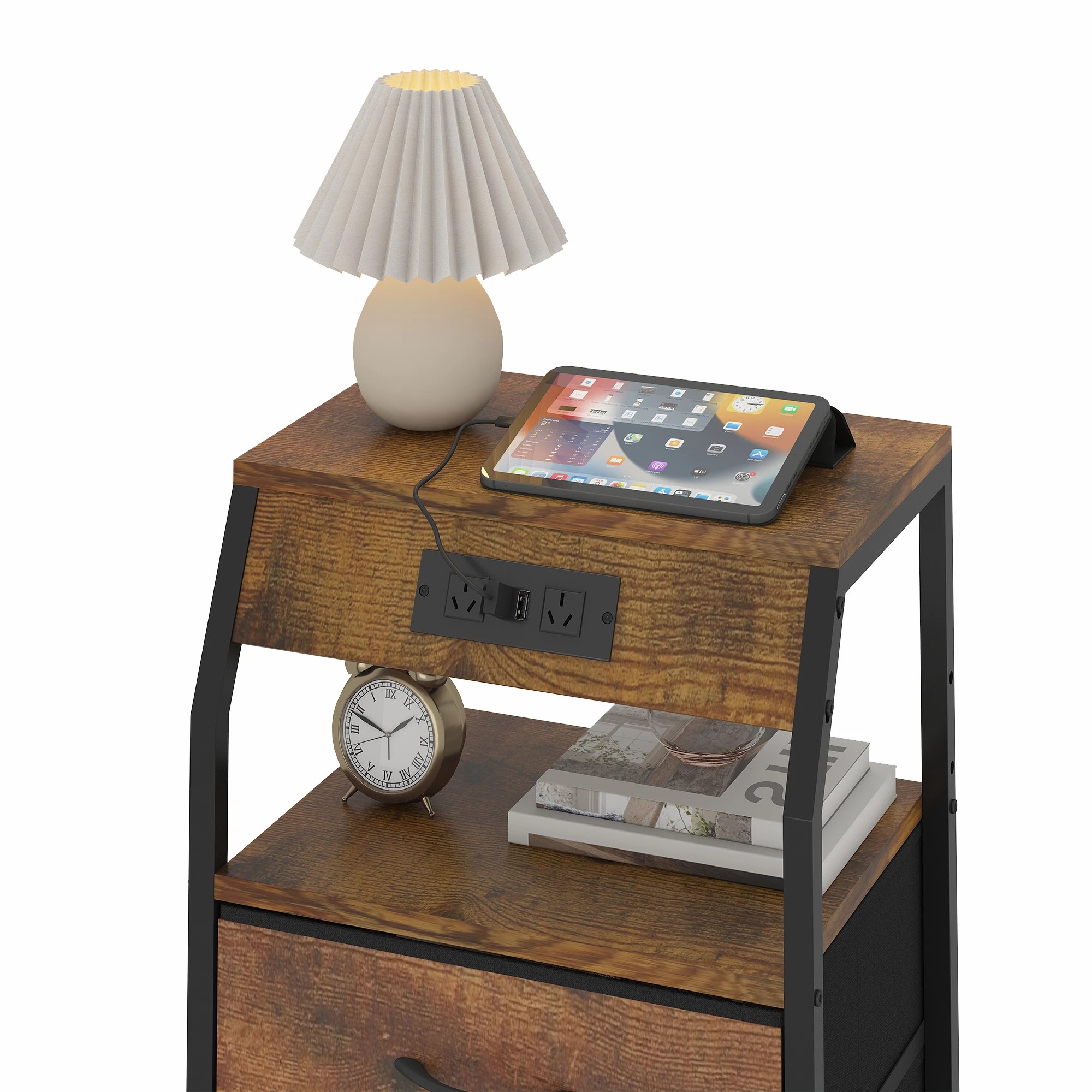 5 Advwin Set of 2 Bedside Table with Charging Station 4 Fabric Drawers Nightstand - Brown, 5 of 10