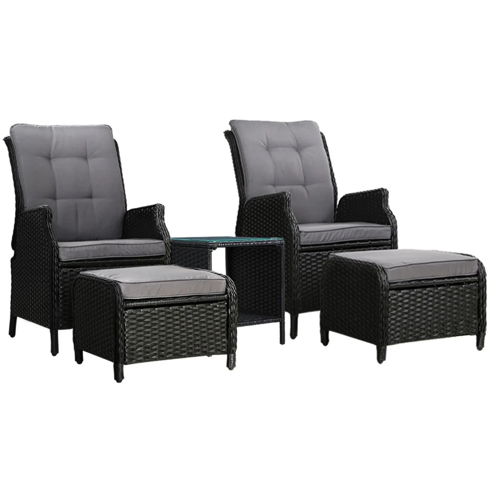 1 Gardeon 5PC Recliner Chairs Table Sun lounge Wicker Outdoor Furniture Adjustable - Black, 1 of 6