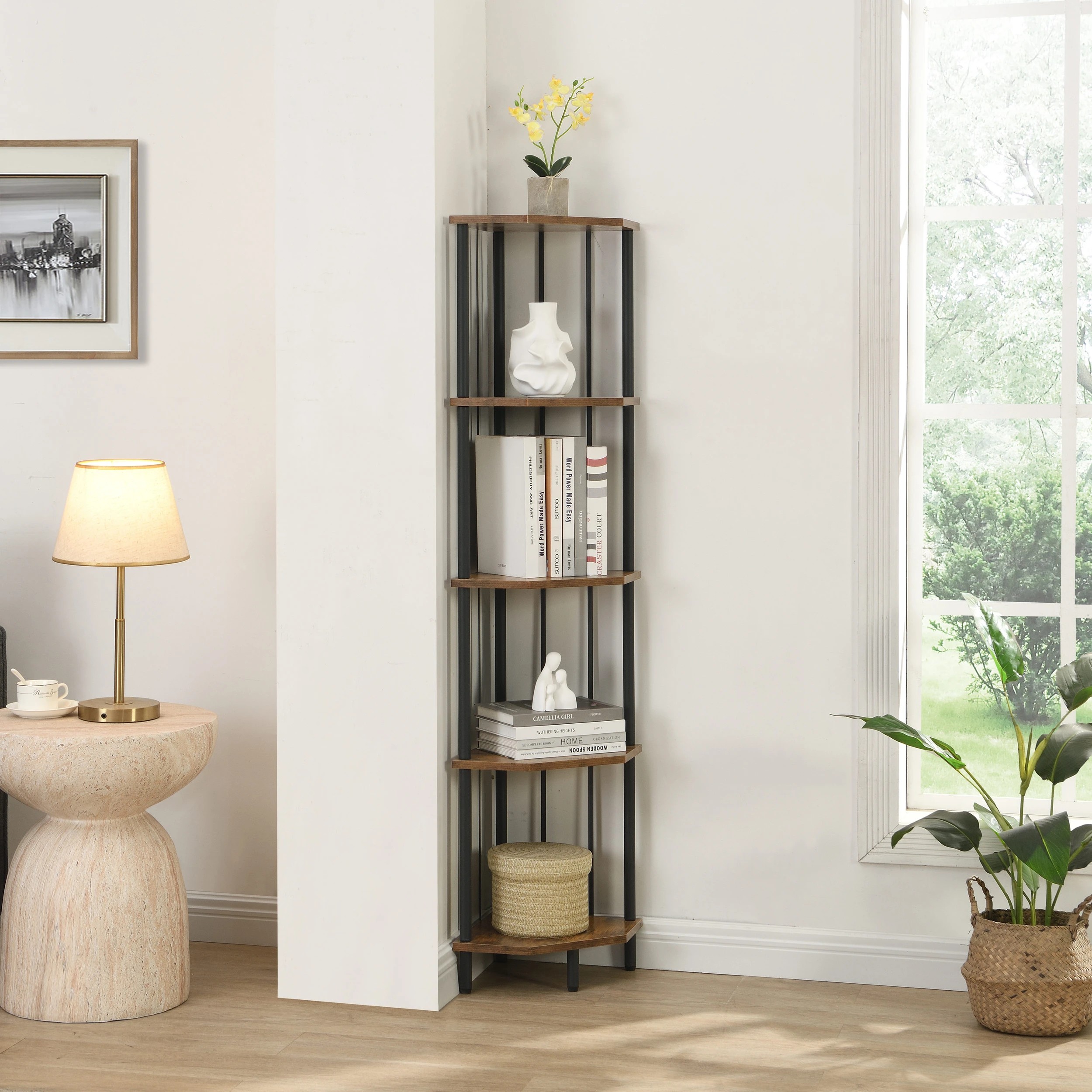 8 IHOMDEC 5 Tier Pentagon MDF Corner Display Shelves Rust Dark Brown - Brown, 8 of 9