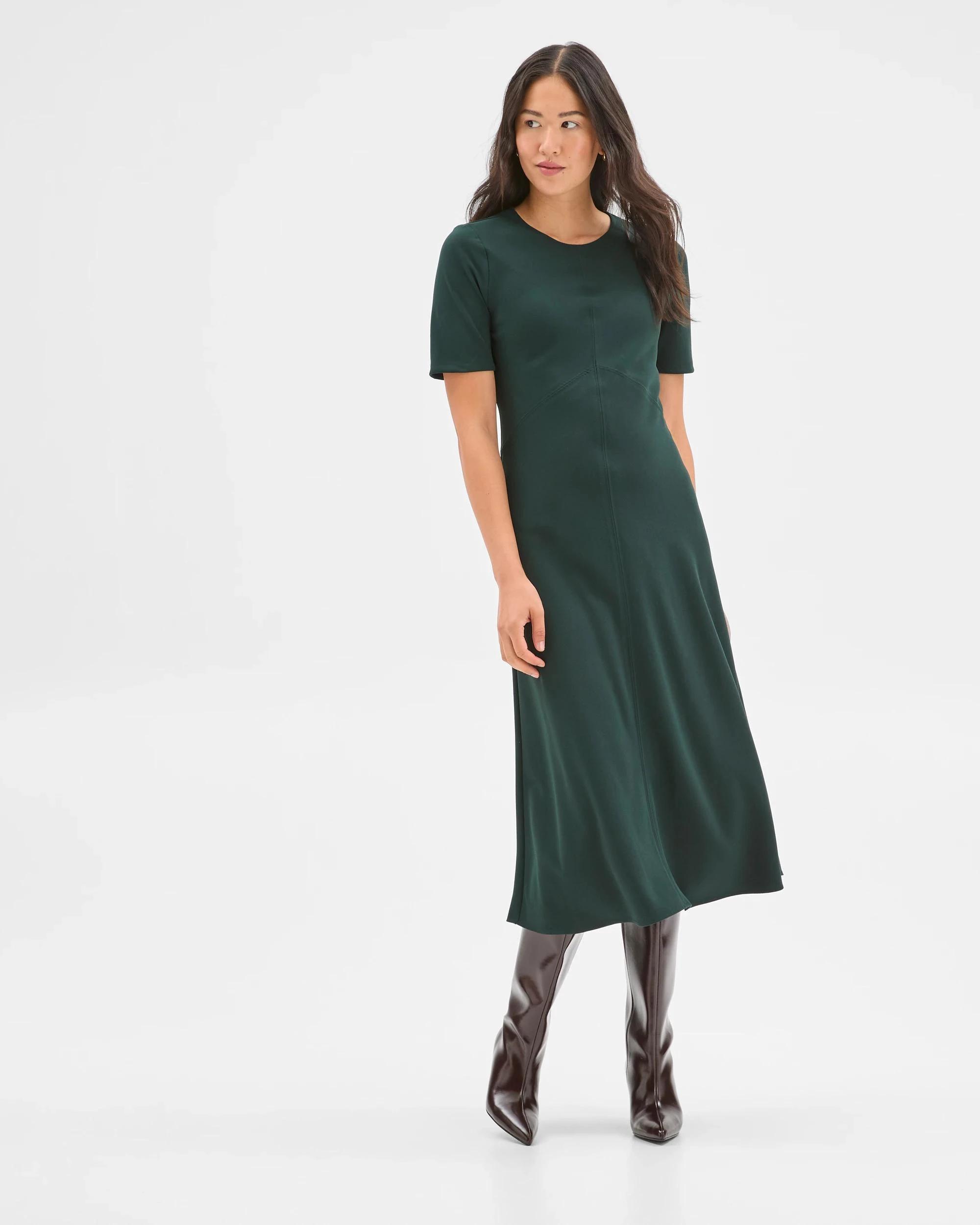 1 Preview Short Sleeve Midi Crepe Woven Dress MID JADE, 1 of 5