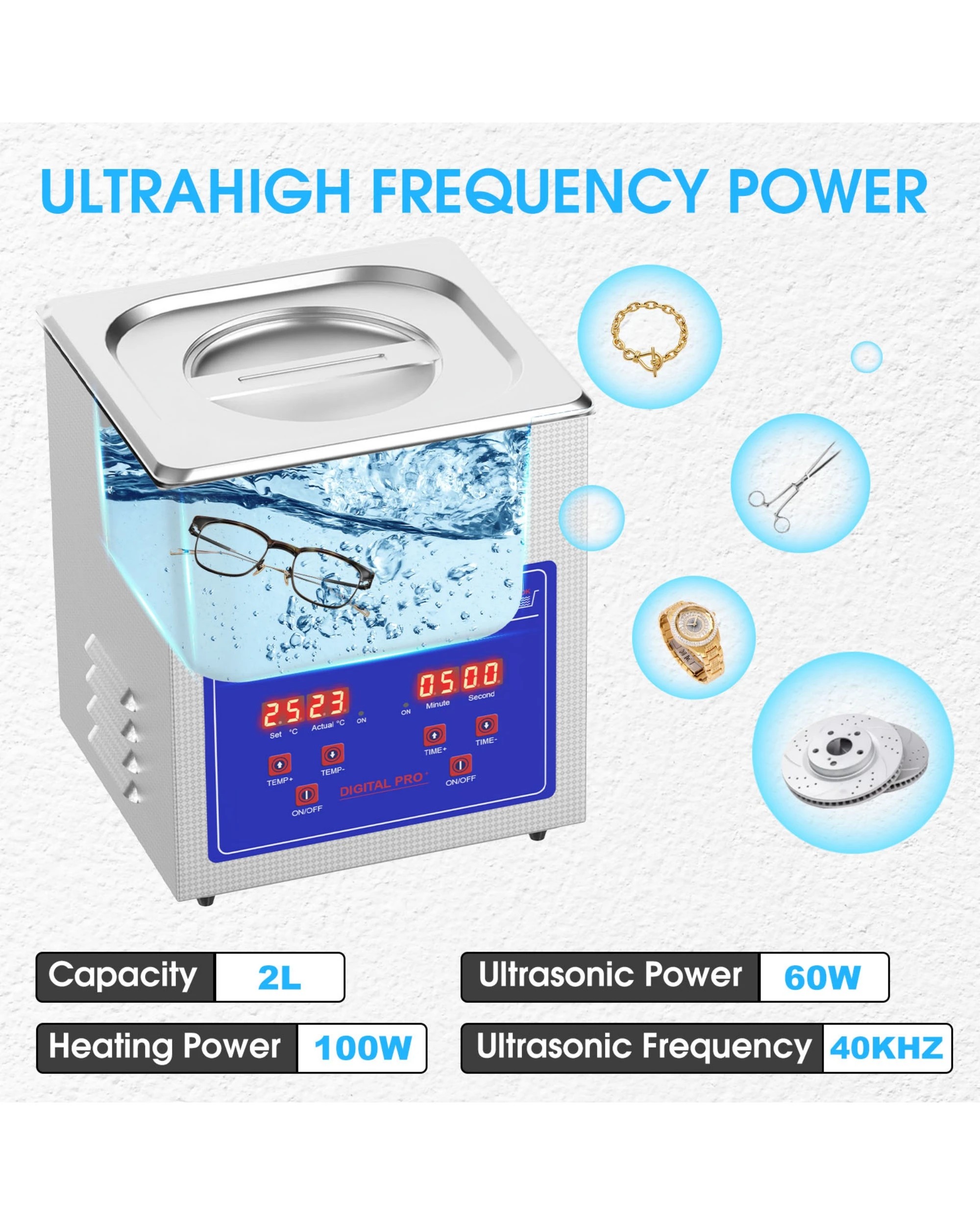2 ADVWIN 2L Ultrasonic Jewellery Cleaner Machine, 42kHz, SUS 304, for Eyeglasses, Earrings, Rings, Necklaces, Dentures, 2 of 7