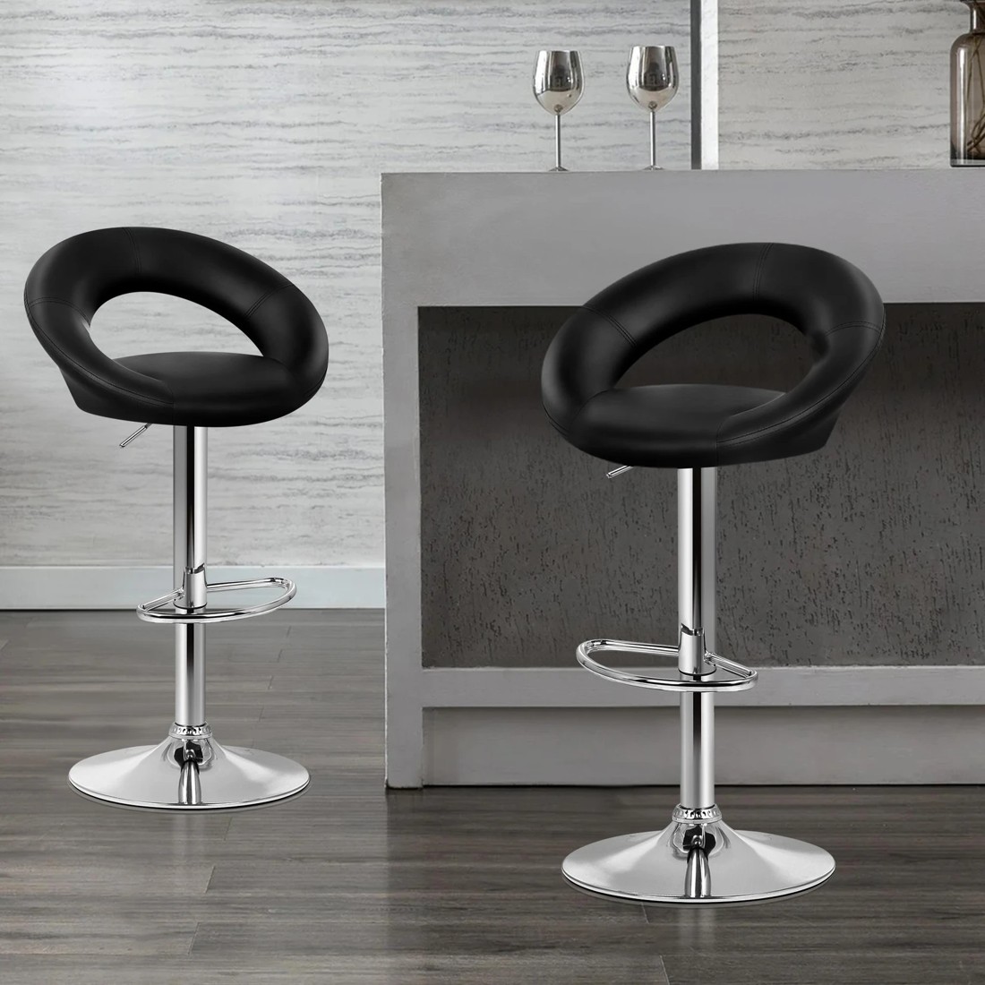 2 Alfordson 2x Bar Stools Ovadia Kitchen Swivel Chair Leather Gas Lift - Black, 2 of 7