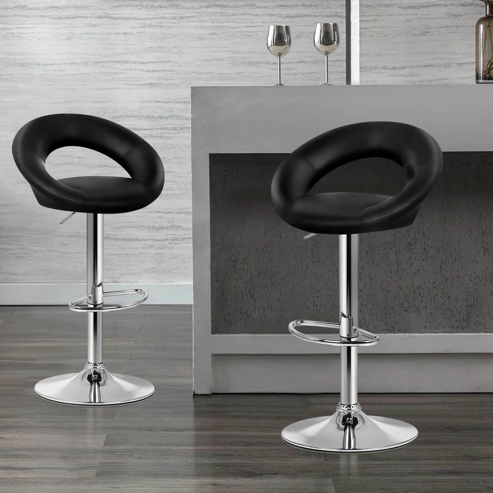 2 Alfordson 2x Bar Stools Ovadia Kitchen Swivel Chair Leather Gas Lift - Black, 2 of 7