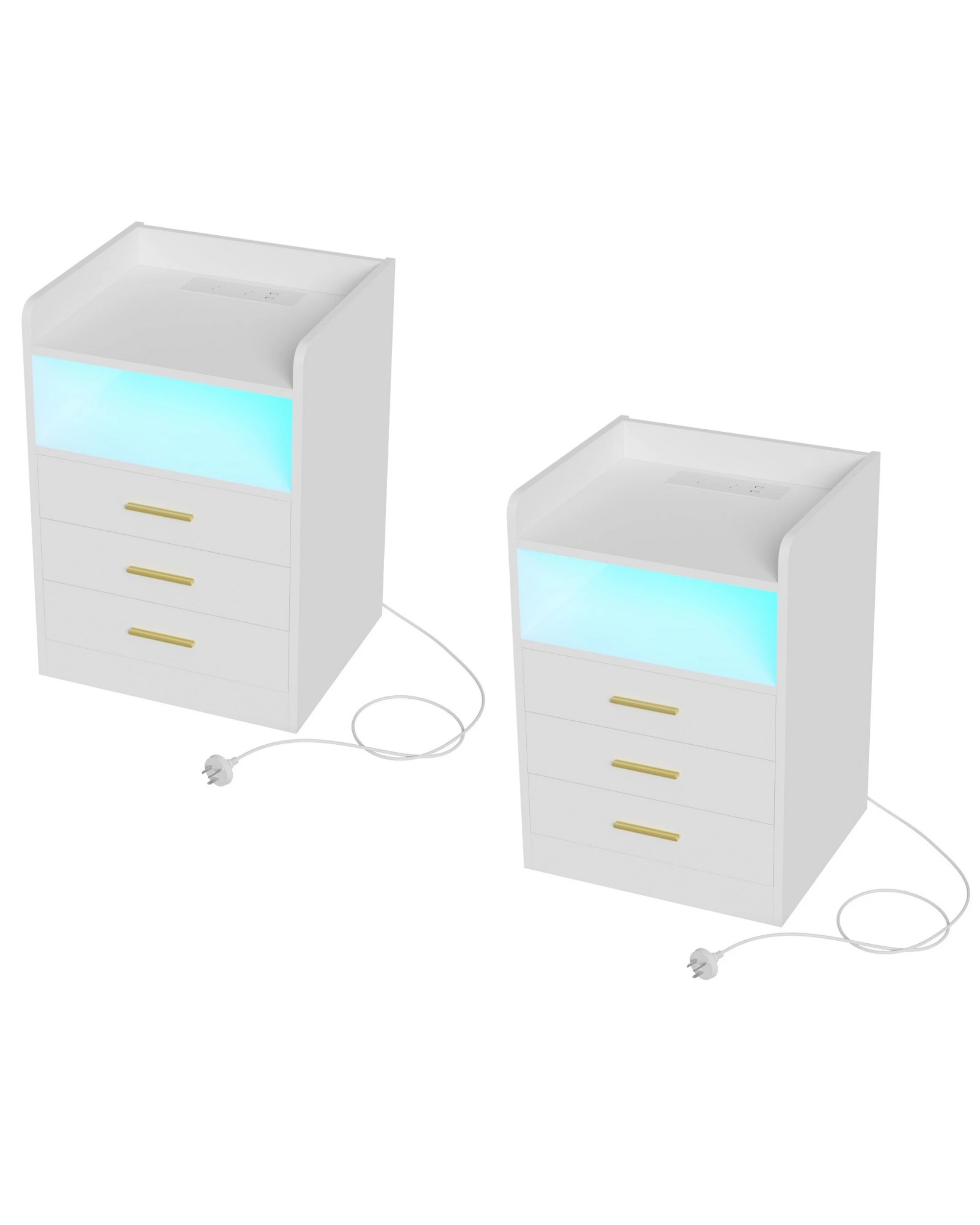 1 Advwin Set Of 2 RGB Led Bedside Table with Charging Station 3 Drawers - White, 1 of 9