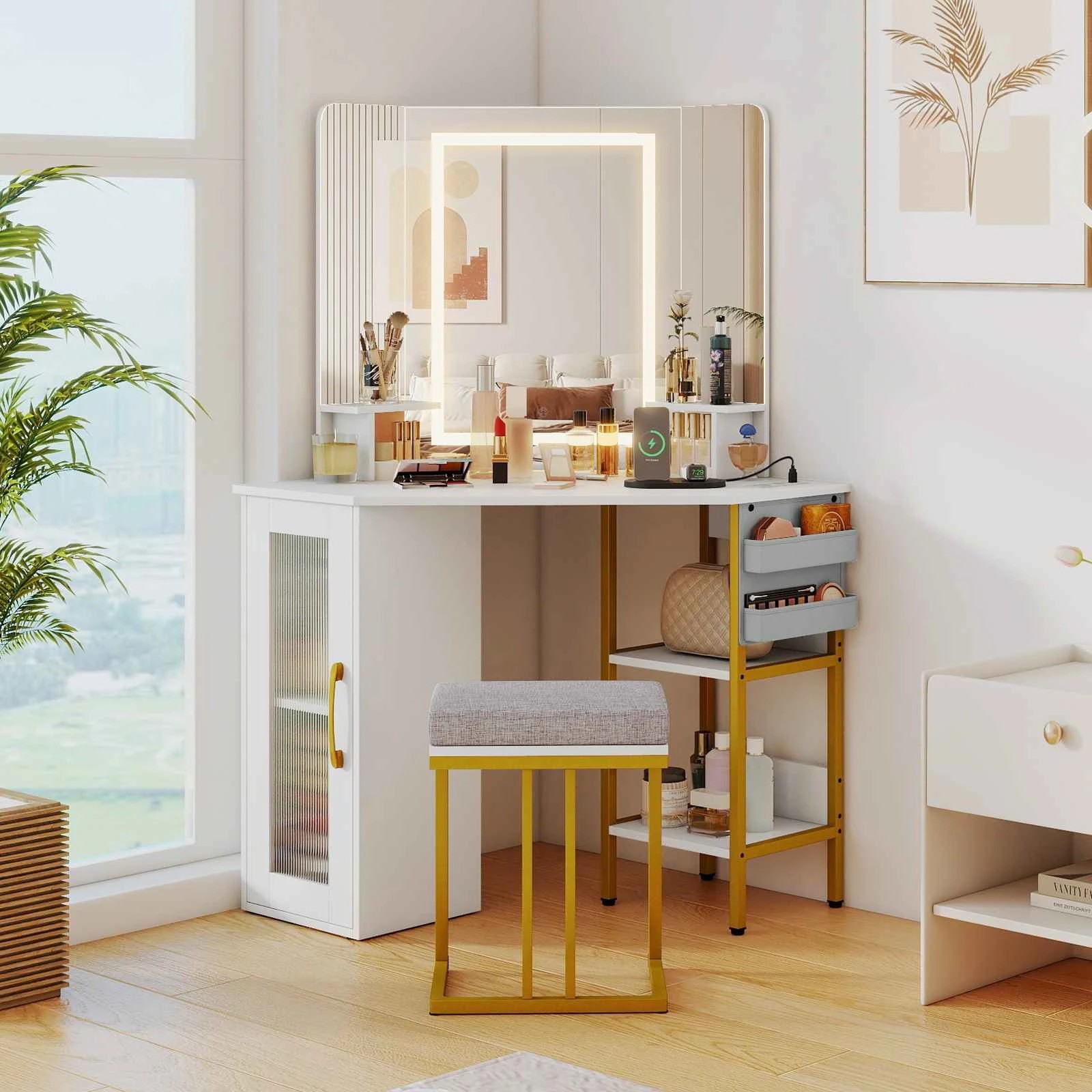 3 Costway Vanity Desk Set w/Triple Mirror & Lights Corner Dressing Table & Chair, 3 of 6