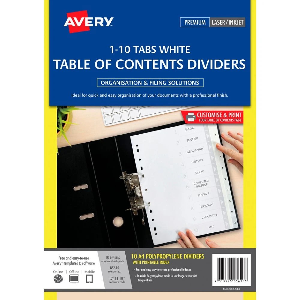 1 Avery Polypropylene A4 Printed Tabs Dividers 1 -10 White, 1 of 2