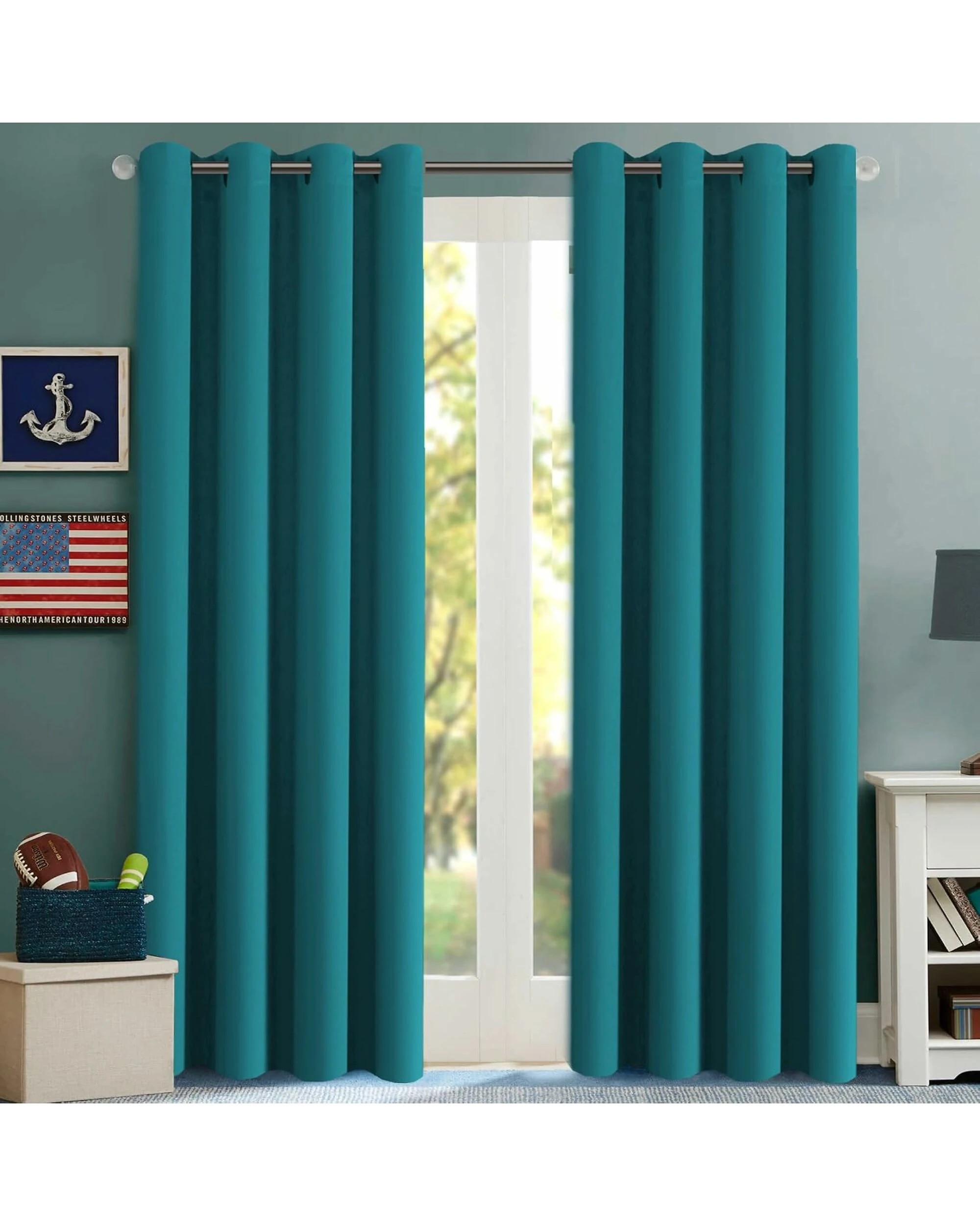1 Smarcute Blockout Grommet Solid Curtain - 2X 132x183cm - Blue, 1 of 4