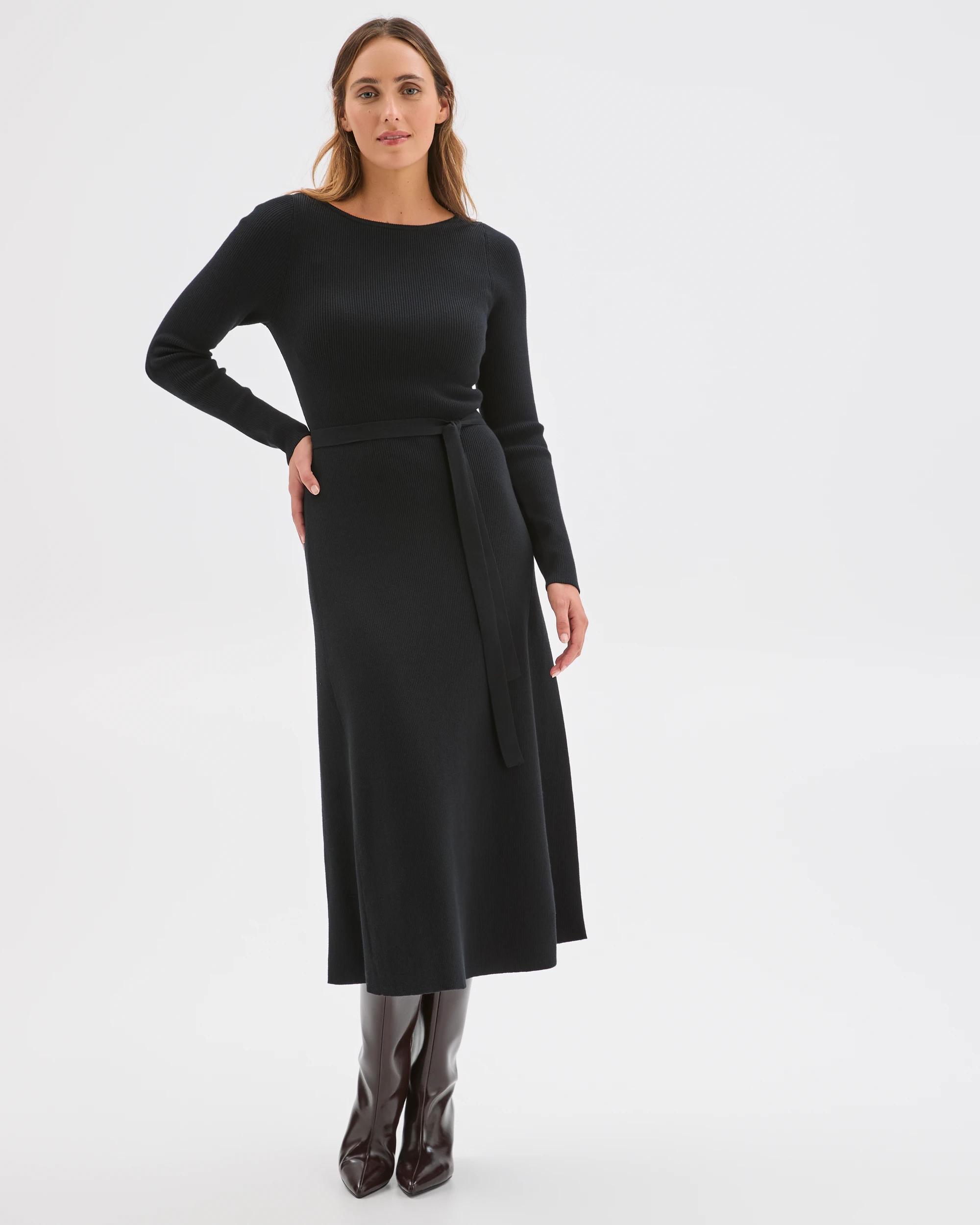 3 Preview Australian Cotton Blend Long Sleeve Knit Midi Dress BLACK, 3 of 5