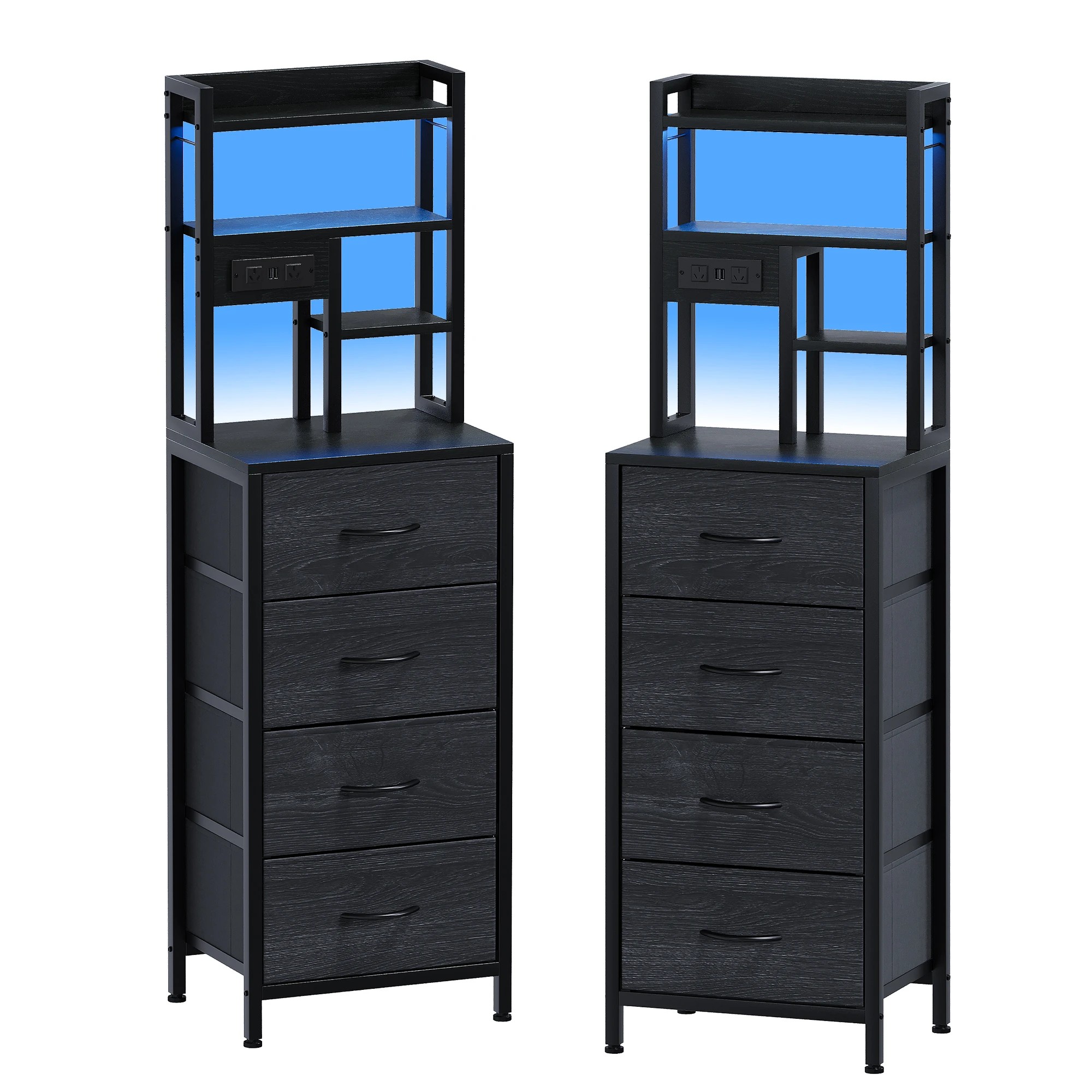 1 Advwin Set of 2 LED Tall Bedside Table with Charging Station 4 Drawers Open Shelves - Black, 1 of 7