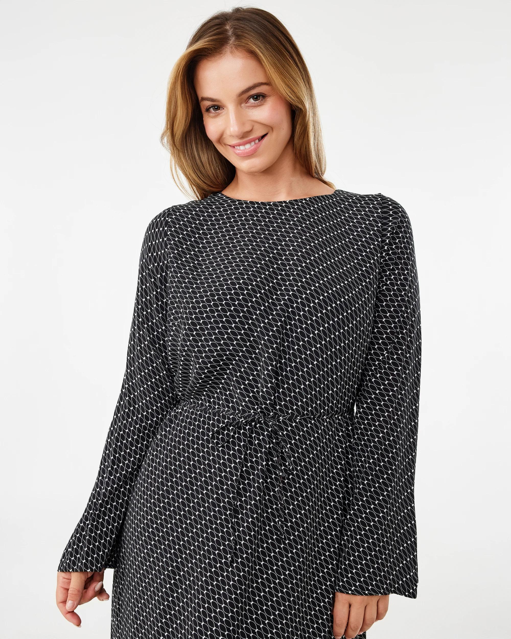 4 Long Sleeve Crepe Tie Waist Midi Dress Black Geo, 4 of 6