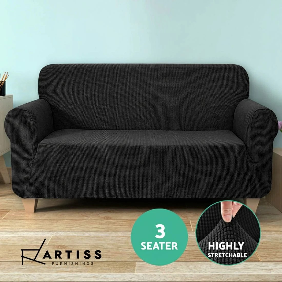 5 Artiss Sofa Cover Couch Covers 3 Seater High Stretch - Black, 5 of 7