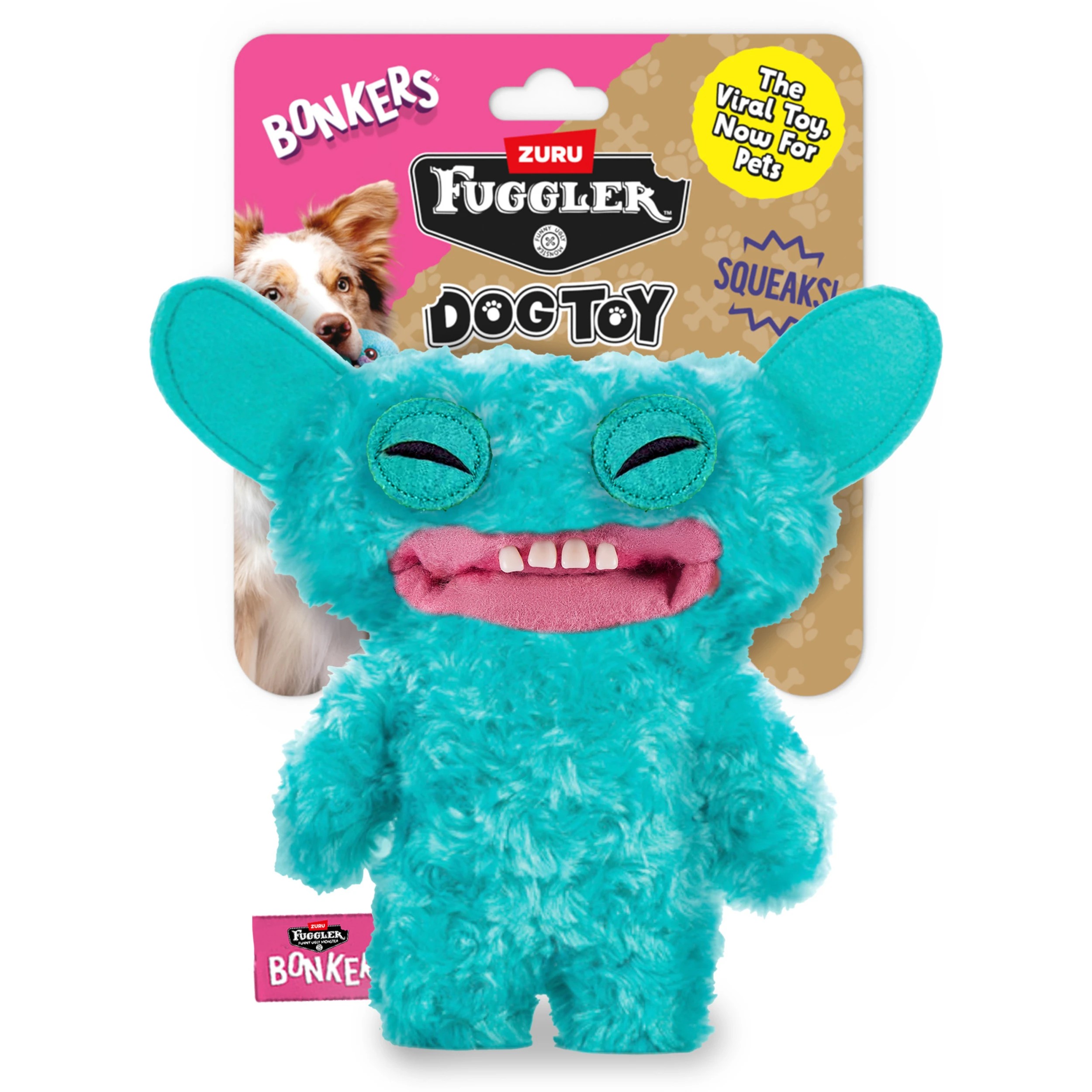 1 20cm BONKERS ZURU Fuggler Grin Grin Squeaky and Plush Dog Toy, 1 of 5
