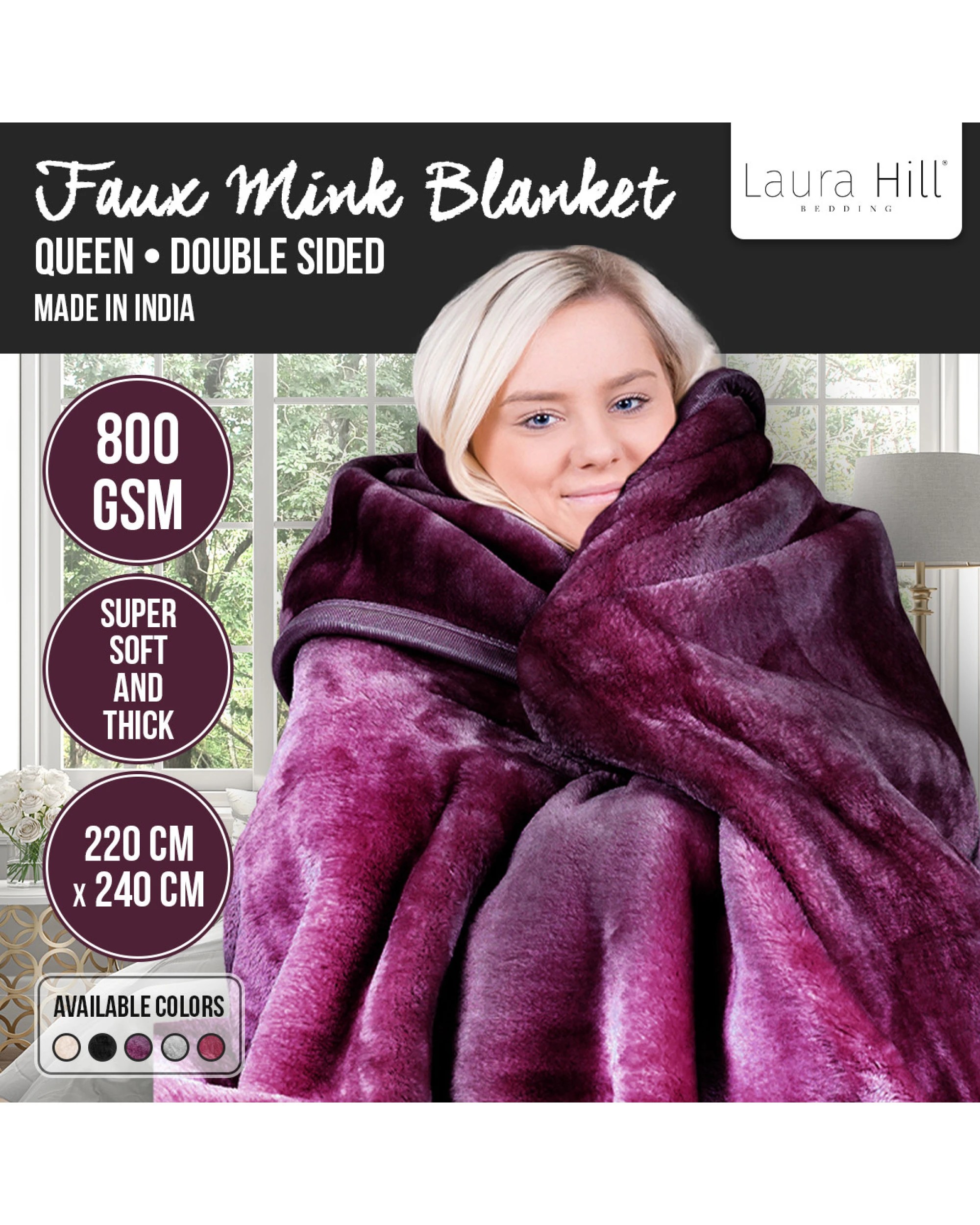 6 Laura Hill 800-gsm Mink Blanket Double-sided Soft Plush Bed Faux Throw Rug Purple
 - Queen Bed, 6 of 7