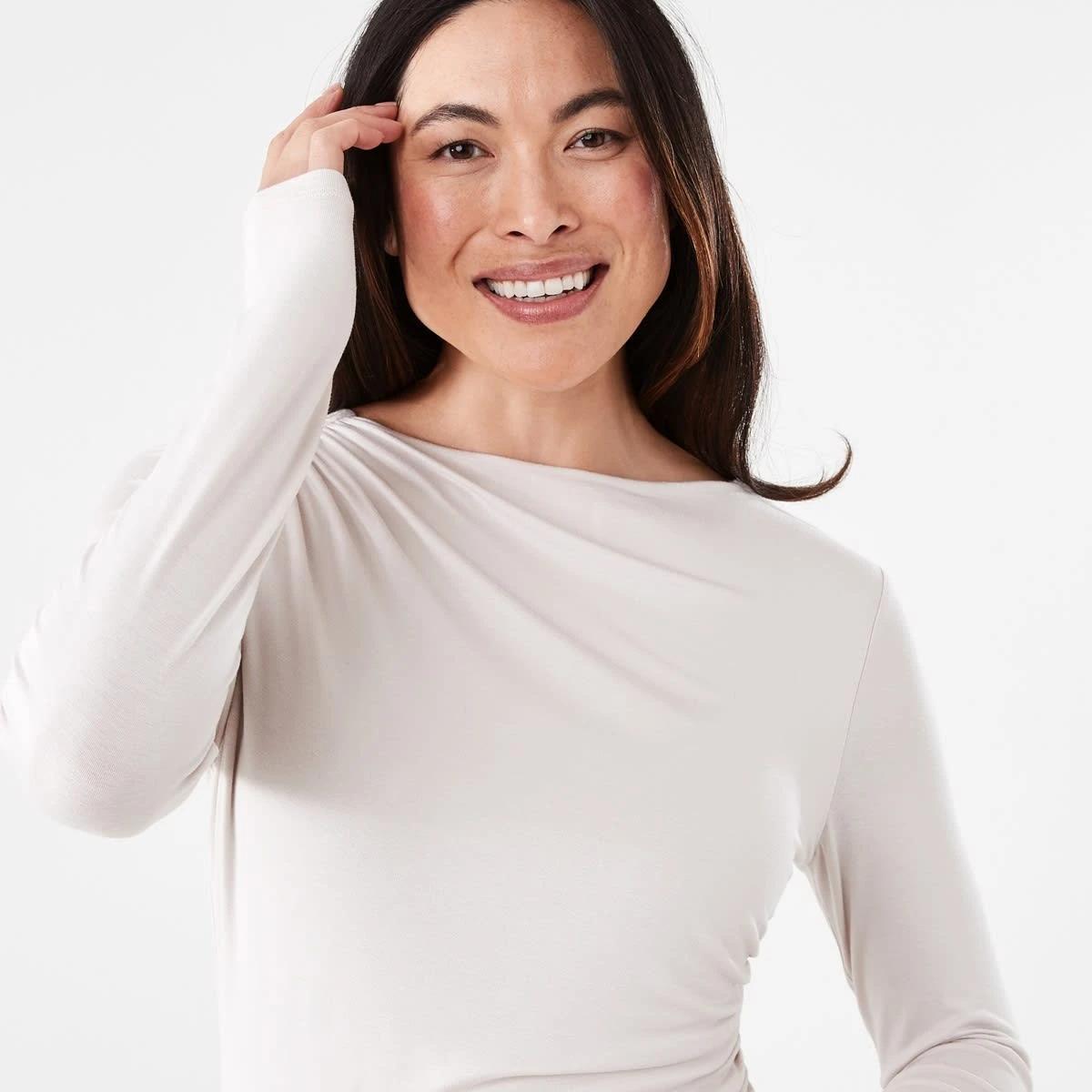 4 Long Sleeve Ruched Shoulder Top Nat Beige, 4 of 6