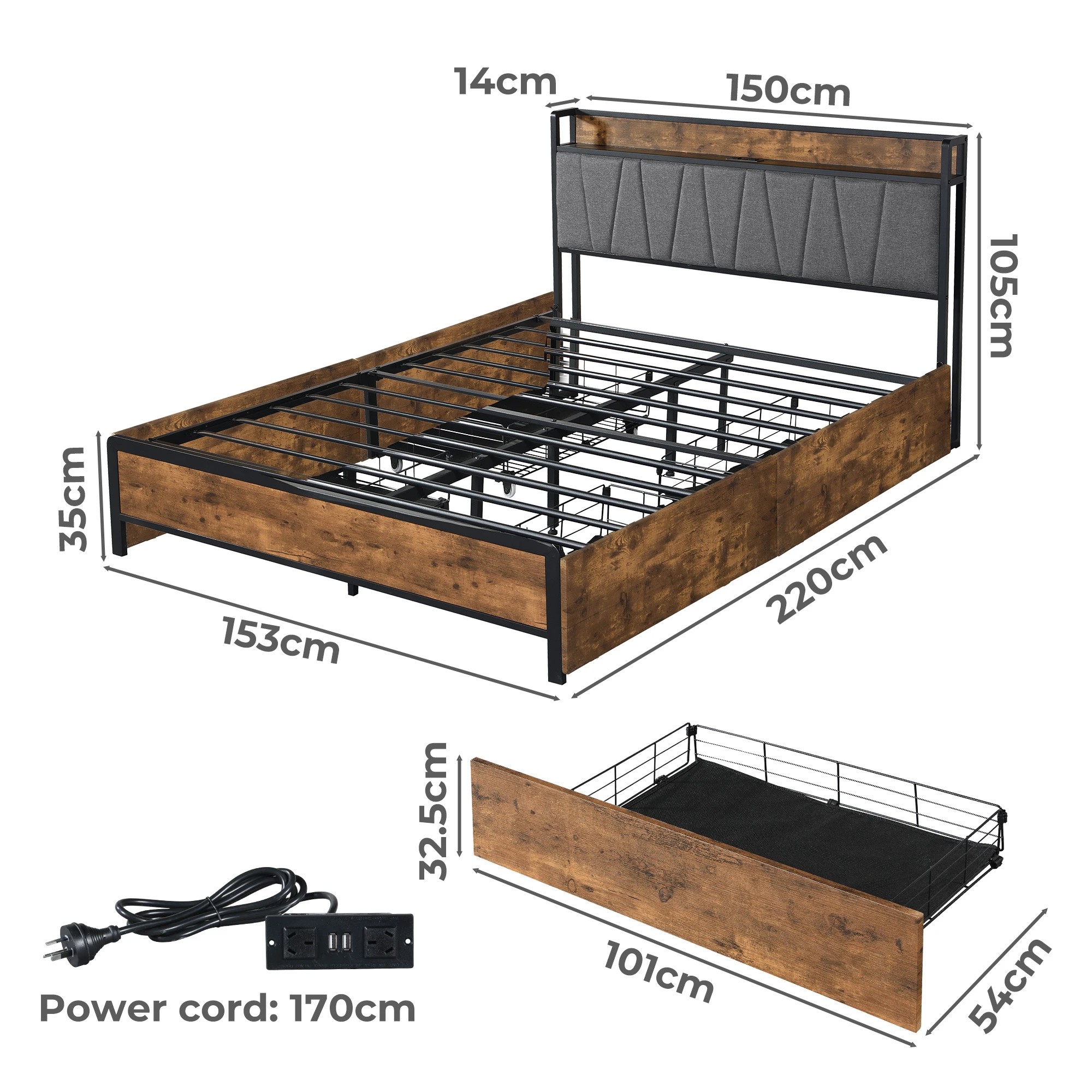 3 Levede Usb Port Bed Frame - Queen, 3 of 6