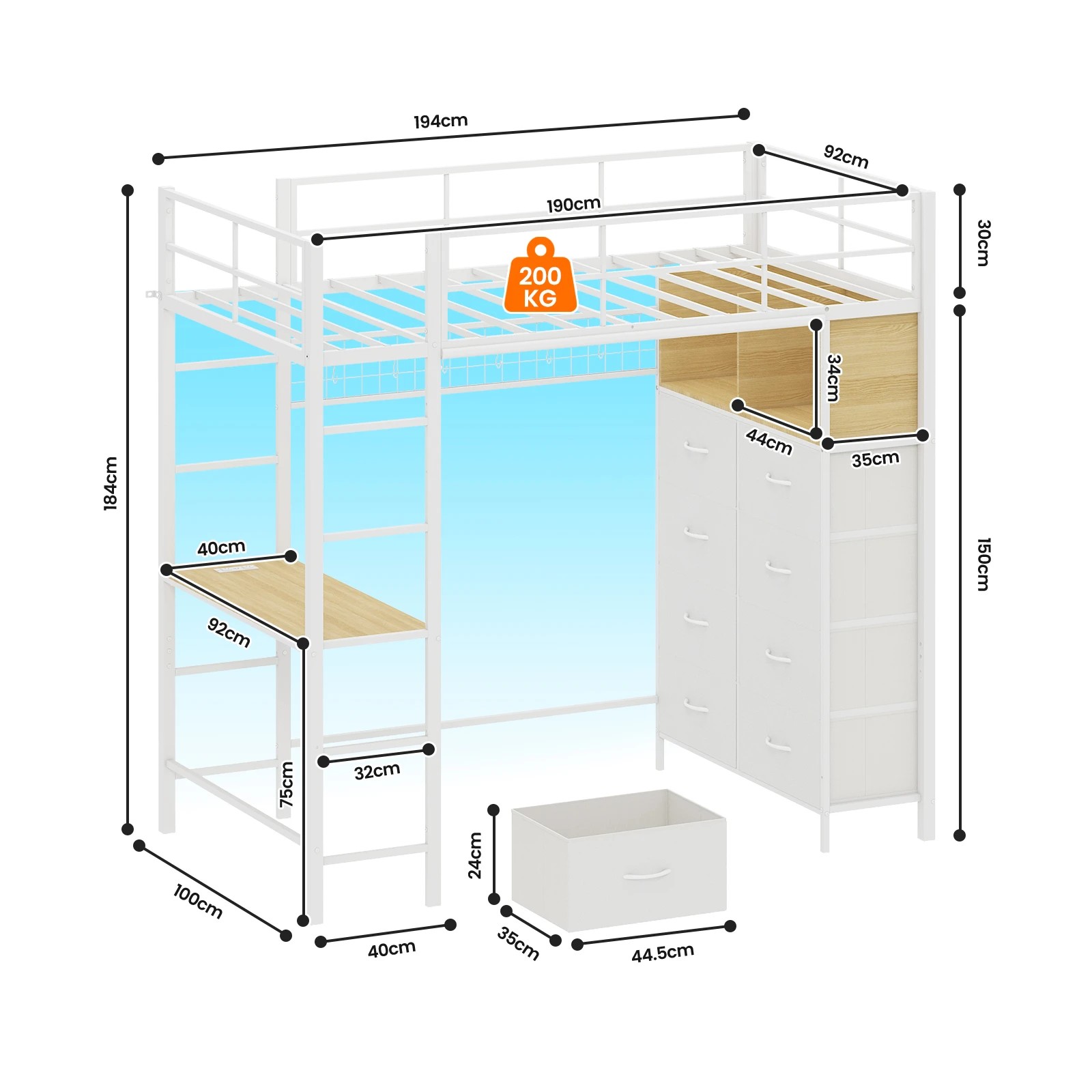 3 Advwin Single Loft Bed Frame with LED & Desk & Charging Station & Storage - White, 3 of 8