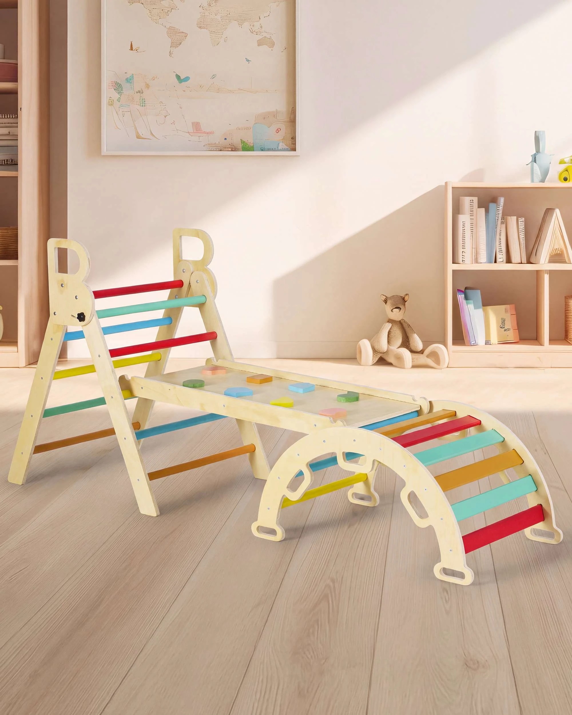 2 PlayPals 7-In-1 Pikler Triangle Set Toddler Wood Climb Play Set w/ Easy-Grip Handles, 2 of 9