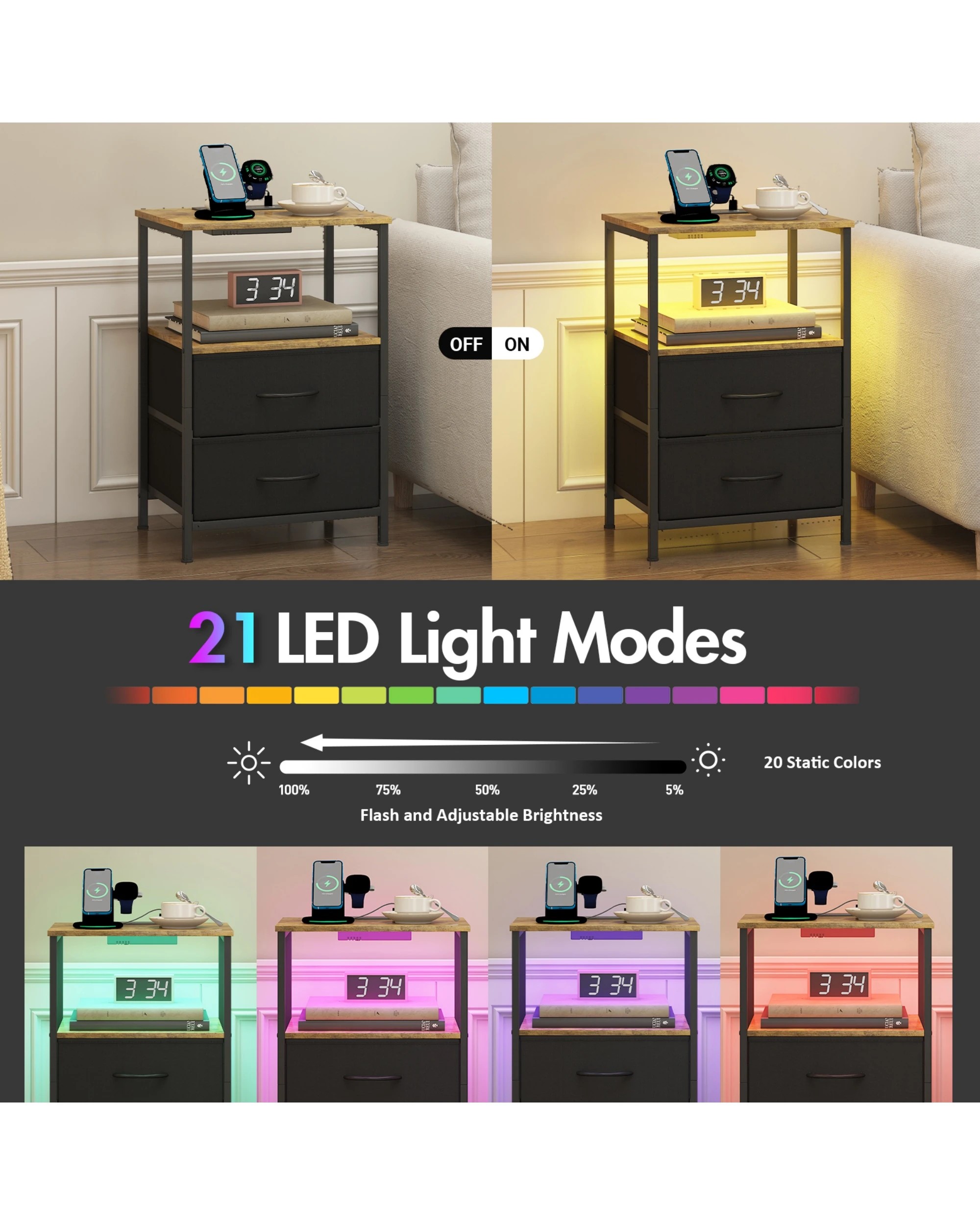 4 Advwin Led Bedside Table Set Of 2 Charging Station 2 Drawers Nightstand, 4 of 6