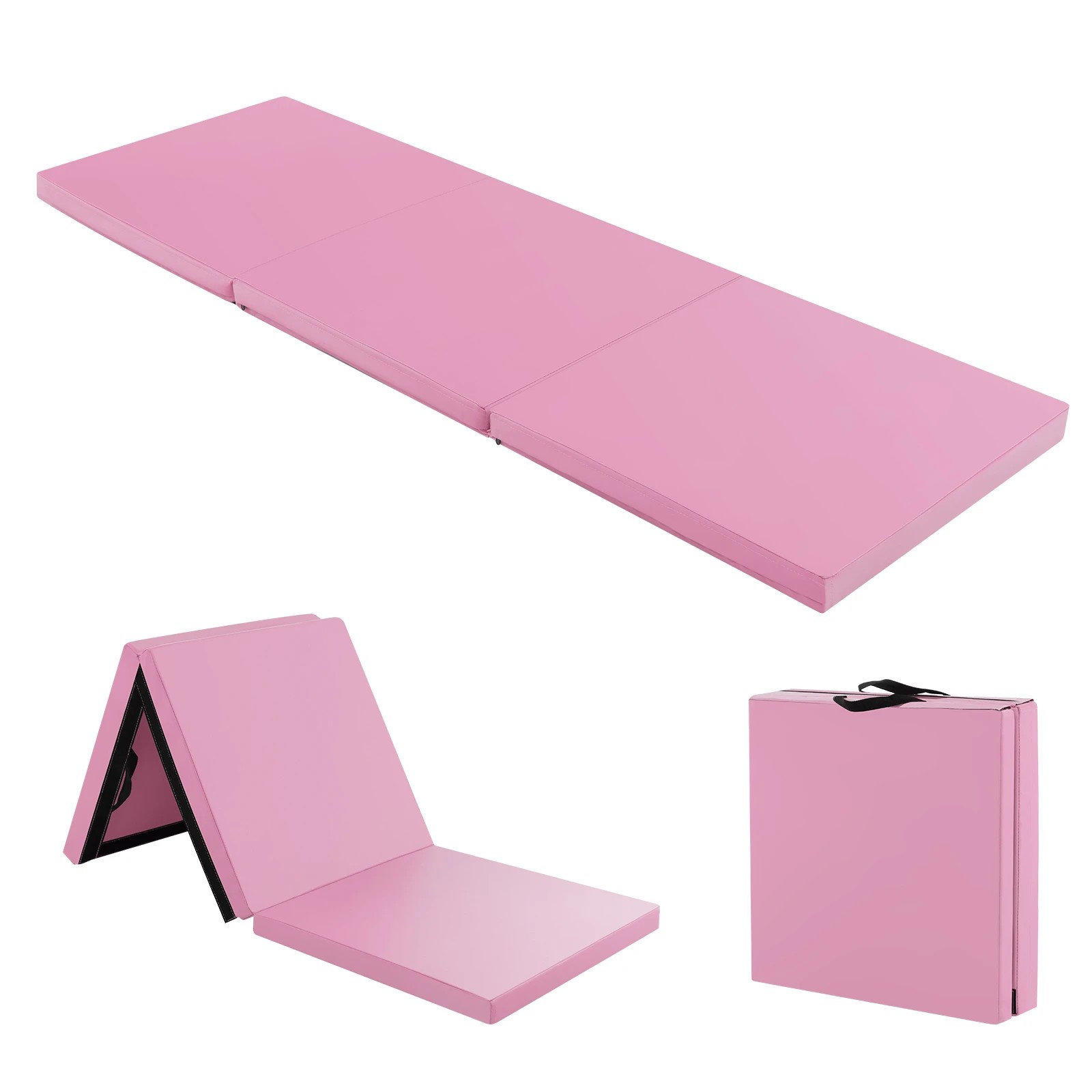 1 Costway 180x60cm Tri-Fold Gymnastics Mat PU Leather Floor Exercise Yoga Tumbling Mat w/Carry Strap - Pink, 1 of 1