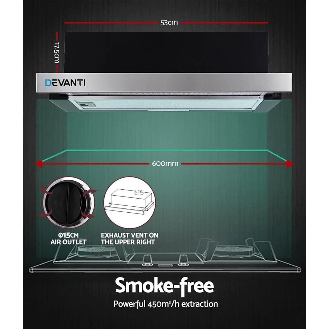 3 Devanti 600mm Range Hood 60cm Slide out Rangehood Stainless Steel - Black, 3 of 7
