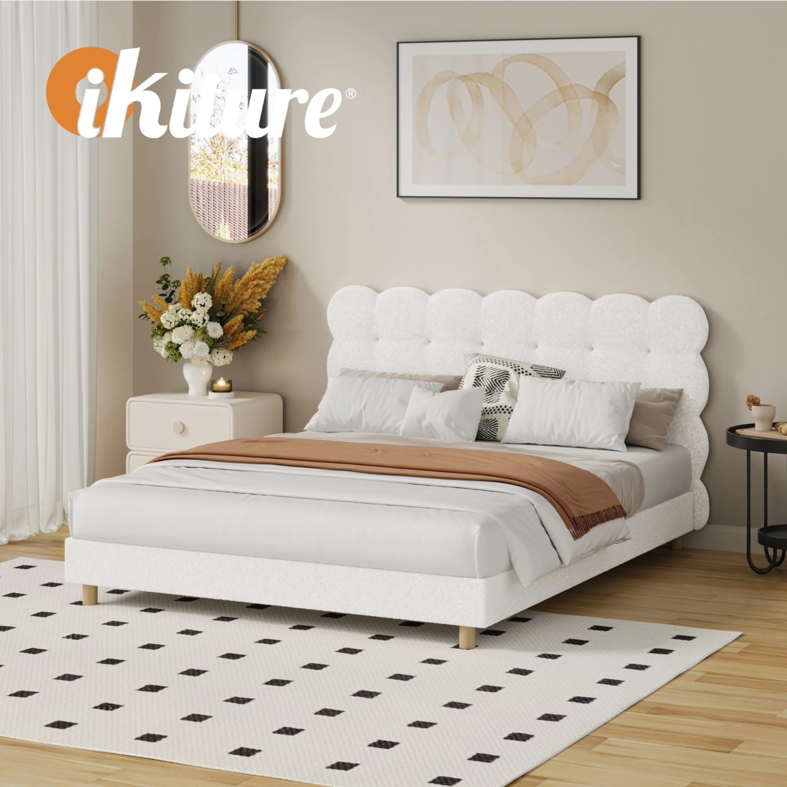 5 Oikiture Queen Bed Tufted Bedhead Boucle Bed Frame
 - White, 5 of 10