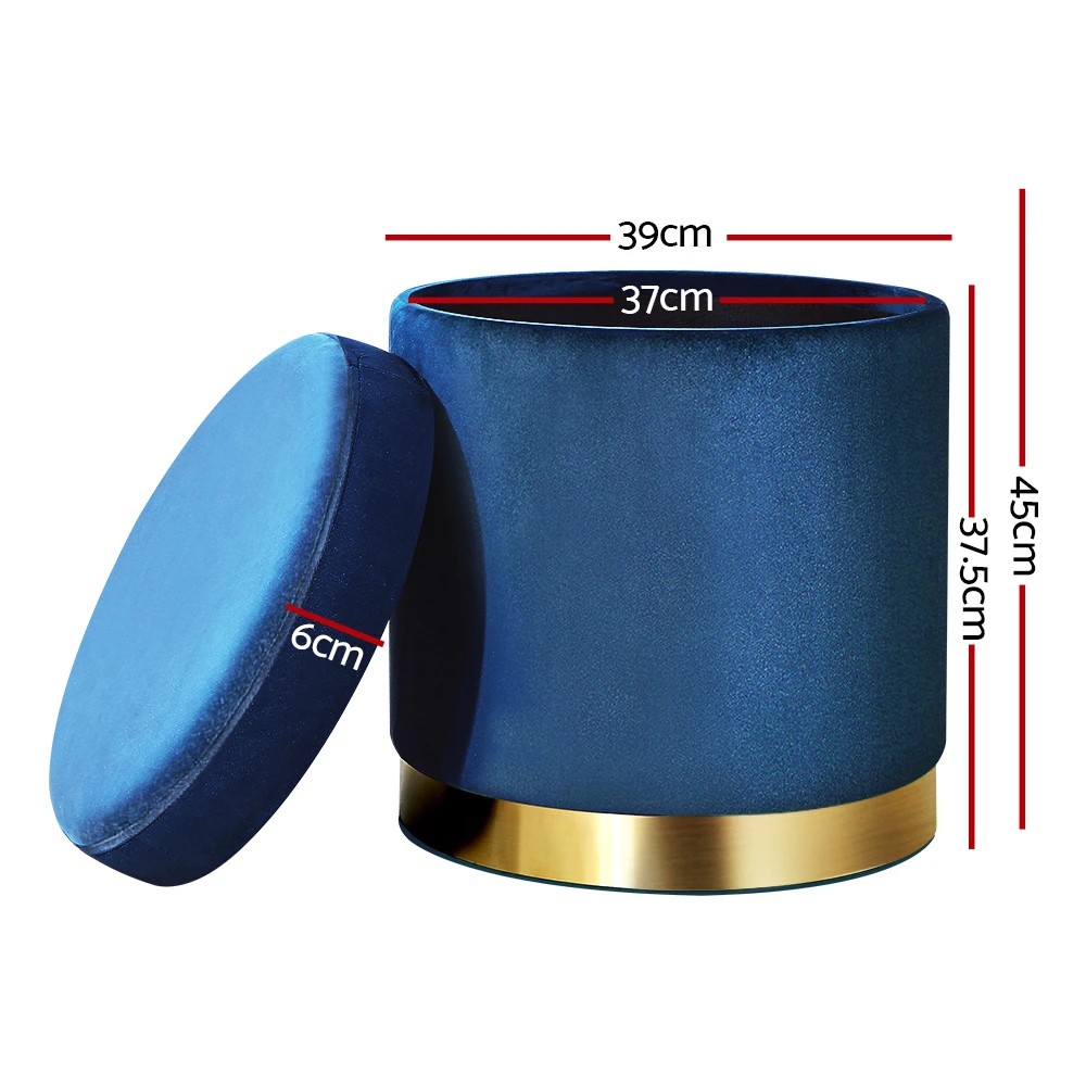 2 Artiss Ottoman Storage Foot Stool Round Velvet - Blue, 2 of 6